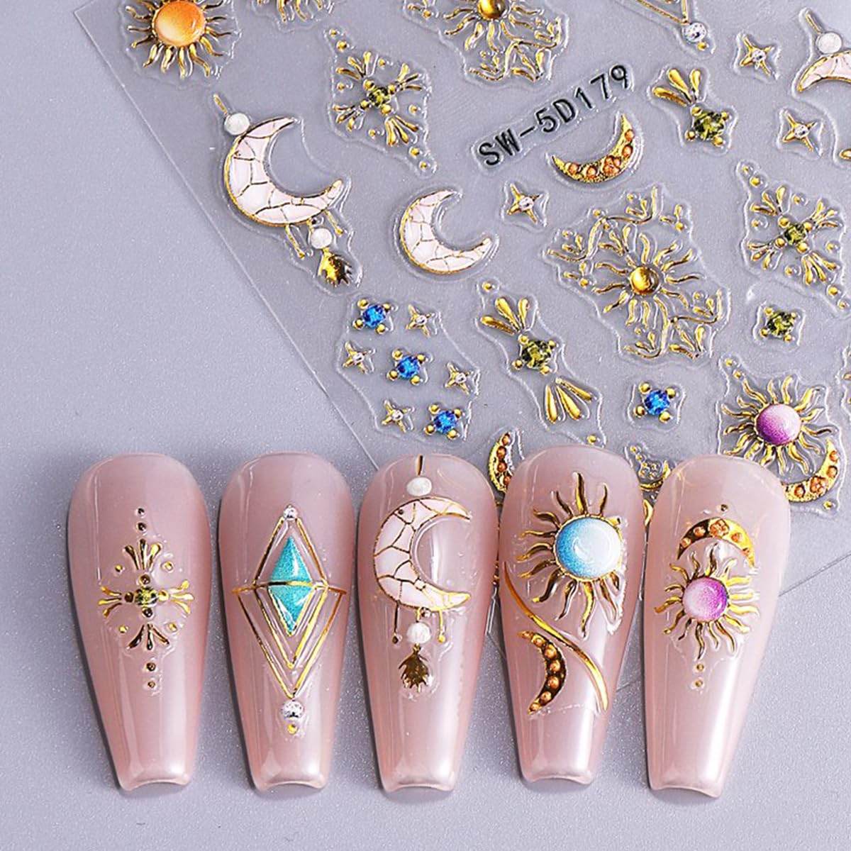 5D Embossed Star Sun Nail Art Stickers Flower Nail Decals Self-Adhesive Bohemian Style Nail Stickers Nail Designs Decoration for Women Girls Nail Art Supplies 2 Sheets