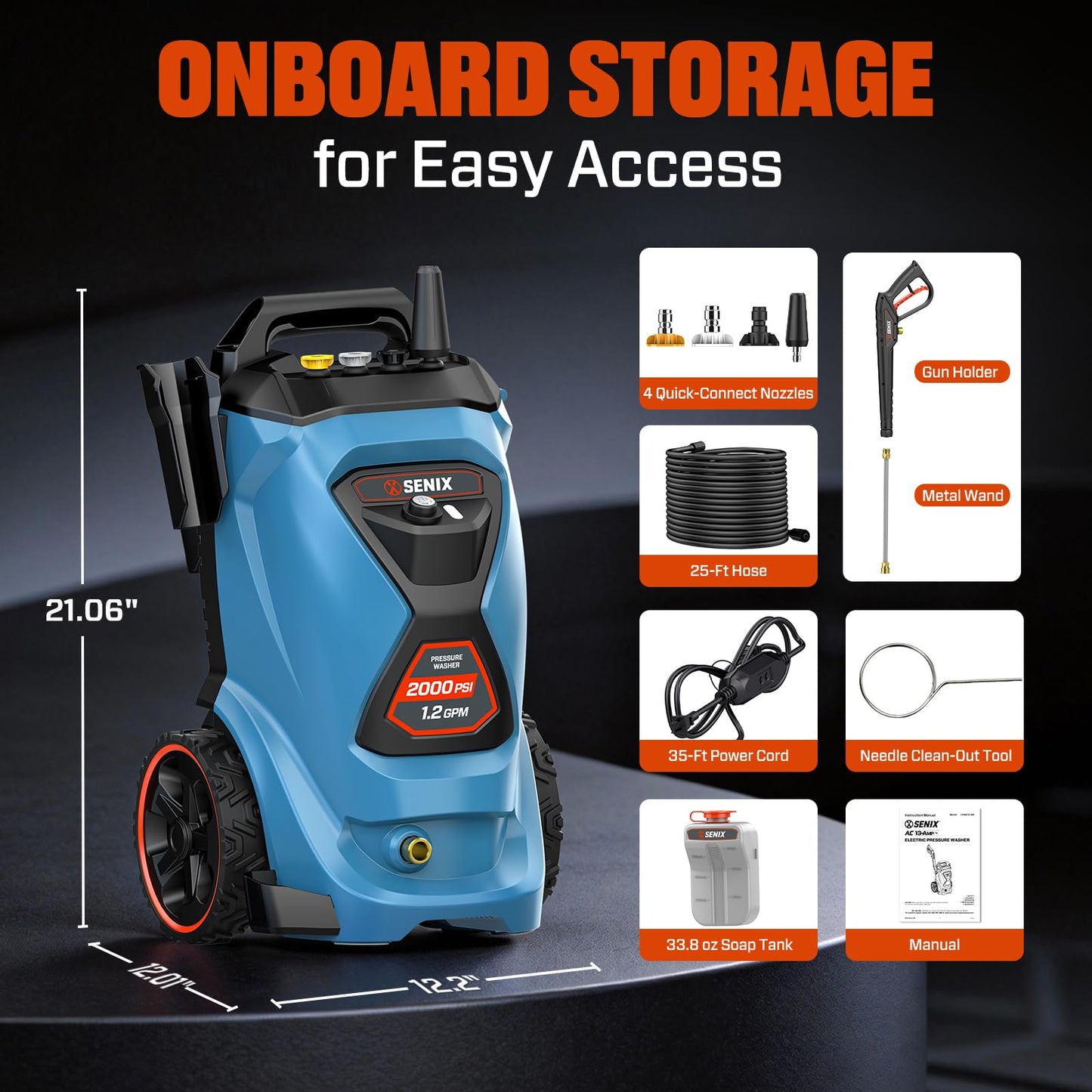 SENIX 2000 PSI Electric Pressure Washer, 1.2 GPM Compact Power Cleaner w/ 4 Nozzles, 25ft Hose & 35ft Cord. Portable High-Pressure Sprayer for Cars, Driveways, Patios, Decks & Home Outdoor Use