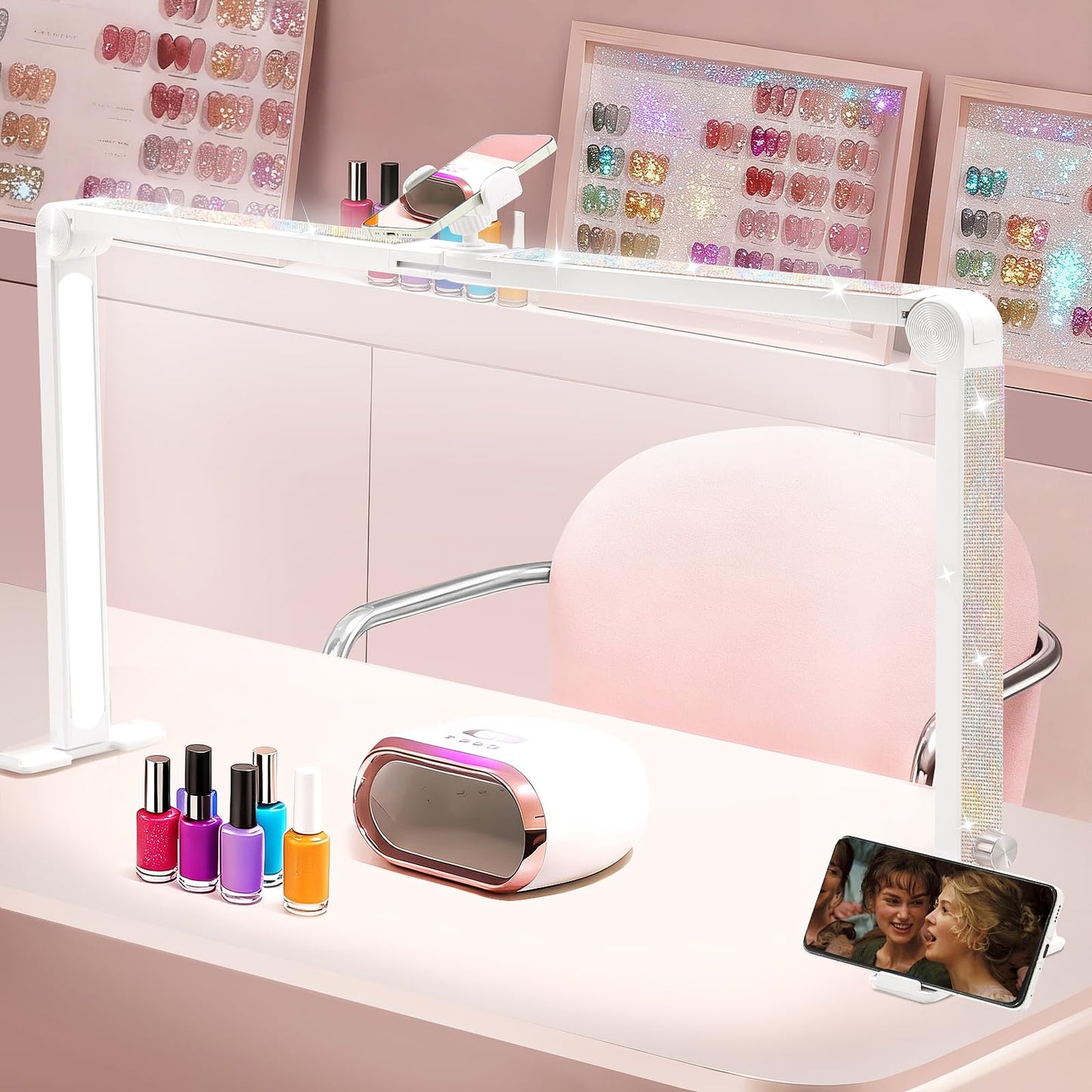 Ciyebst Nail Tech Lamp for Desk, 34 in Large Half Moon Light with Phone Holder, 48W Brightness Adjustable Lash ARC Light for Manicure, Tattoo, Spa, Salon, 3000K-6000K LED Manicure Lamp