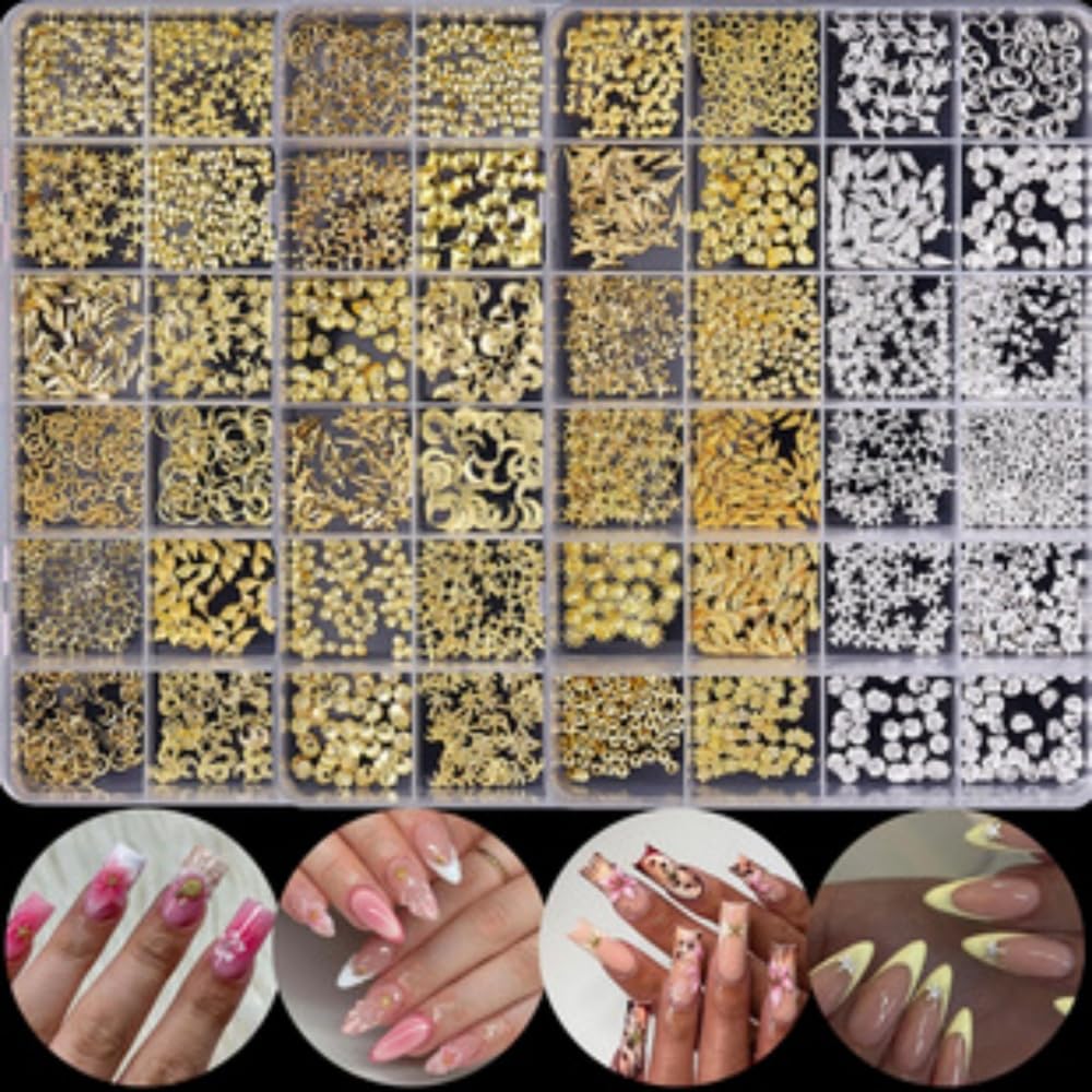 Gold Nail Charms 3D Alloy Star Moon Nail Gems Shiny Ocean Beach Seashell Nail Jewels Multi-Shapes Metal Golden Hearts Nail Art Supplies with Tweezer for Women DIY Acrylic Nail 12 Grids 1 Box