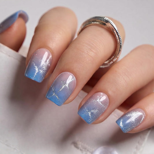 CurvLife Soft Gel Square Press-On Nails Short, Blue Cat Eye Reusable Fake Nails with Glue & Adhesive Tabs, 30PCS Salon-Quality Stick-On Nails for At-Home Manicure (Aurora Drift)