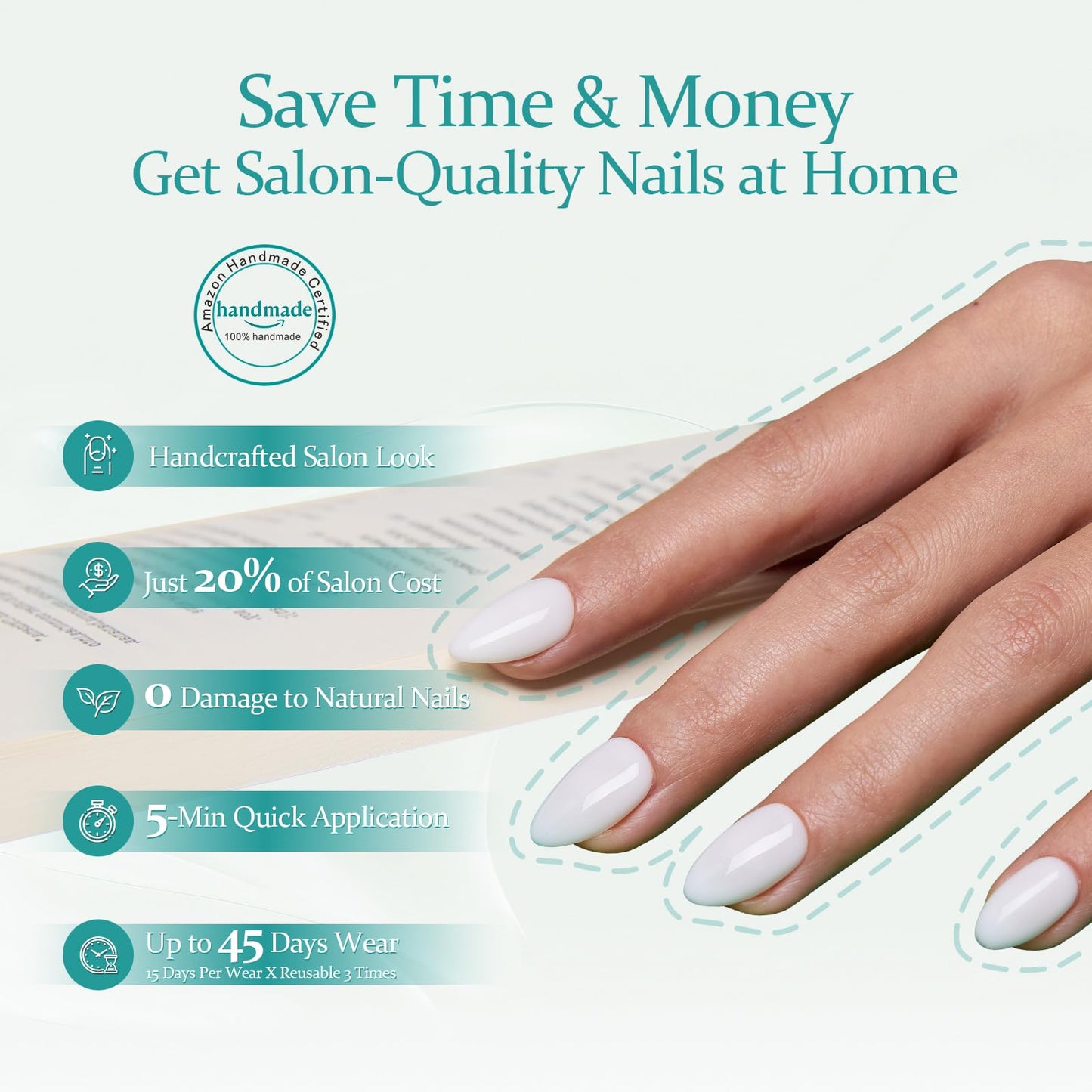 White Press On Nails Short ，Almond Acrylic Nails Press On，10 Pcs Milky White Tip Press Ons,Handmade Custom-Sized False Nails Kit,Salon Quality,Long Lasting,Size L for Wide Nails