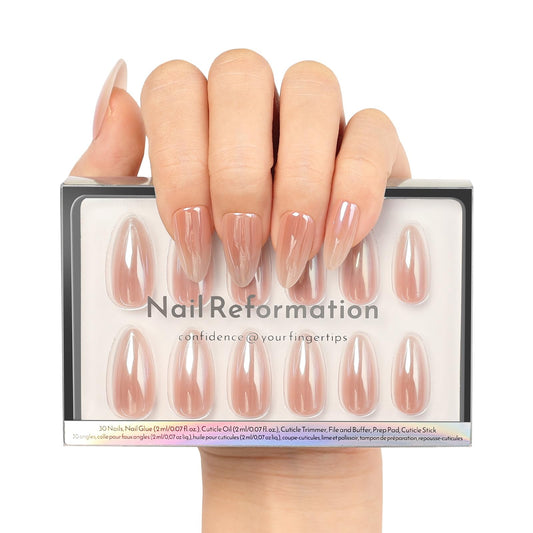 Nail Reformation Press On Nails Almond, Rose Gold Fake Nails Medium, Glazed Finish Fit Perfectly & Natural Reusable Stick On Ombre False Nails, 15 Sizes – 30 Nail Tips With Glue, Gifts for Women