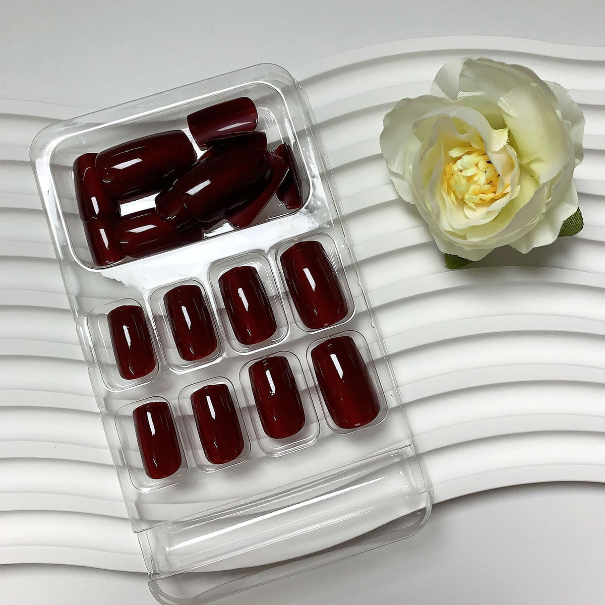 Burgundy Press on Nails Medium Short Fake Nails Solid Color Glue on Nails Red Full Cover Artificial Nails Glossy False Simple Stick on Nails for Women 24 Pcs