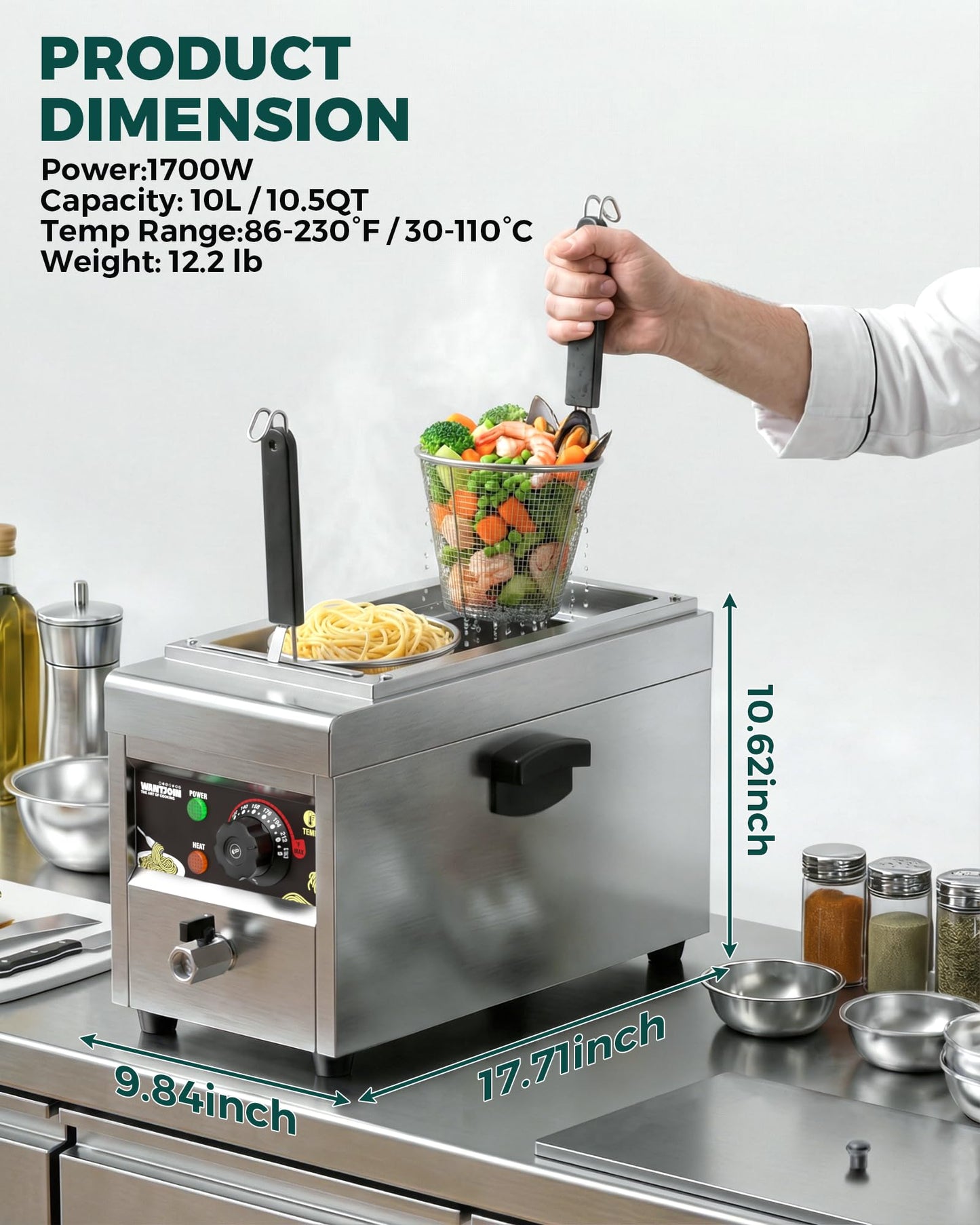 WantJoin Commercial Pasta Cooker - Electric Pasta Cooker with 2 Noodle Strainers, Precision Temp Control 86°F to 230°F, Cooking Machine w/Drain Valve for Spaghetti Ramen, Noodles and Vegetables