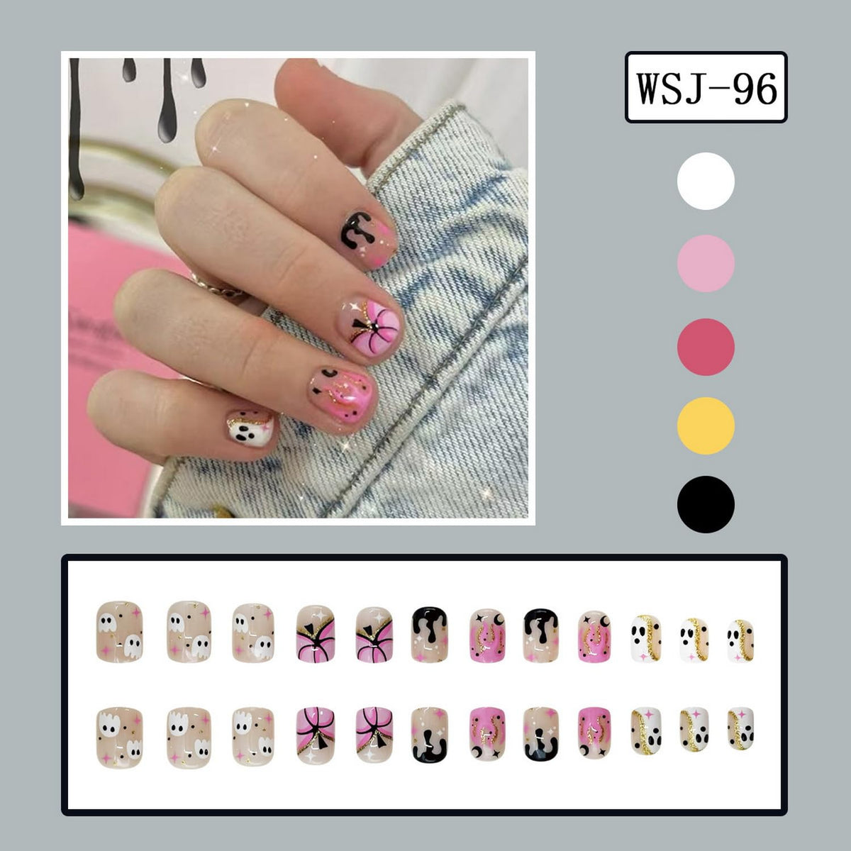Pink Press on Nail Halloween Short Square Fake Nails Full Cover Cute Glue on Nails Pumpkin Blood Ghost designs Acrylic Gold Glitter Stick on Nail Reusable Halloween False Nails for Women Party24pcs
