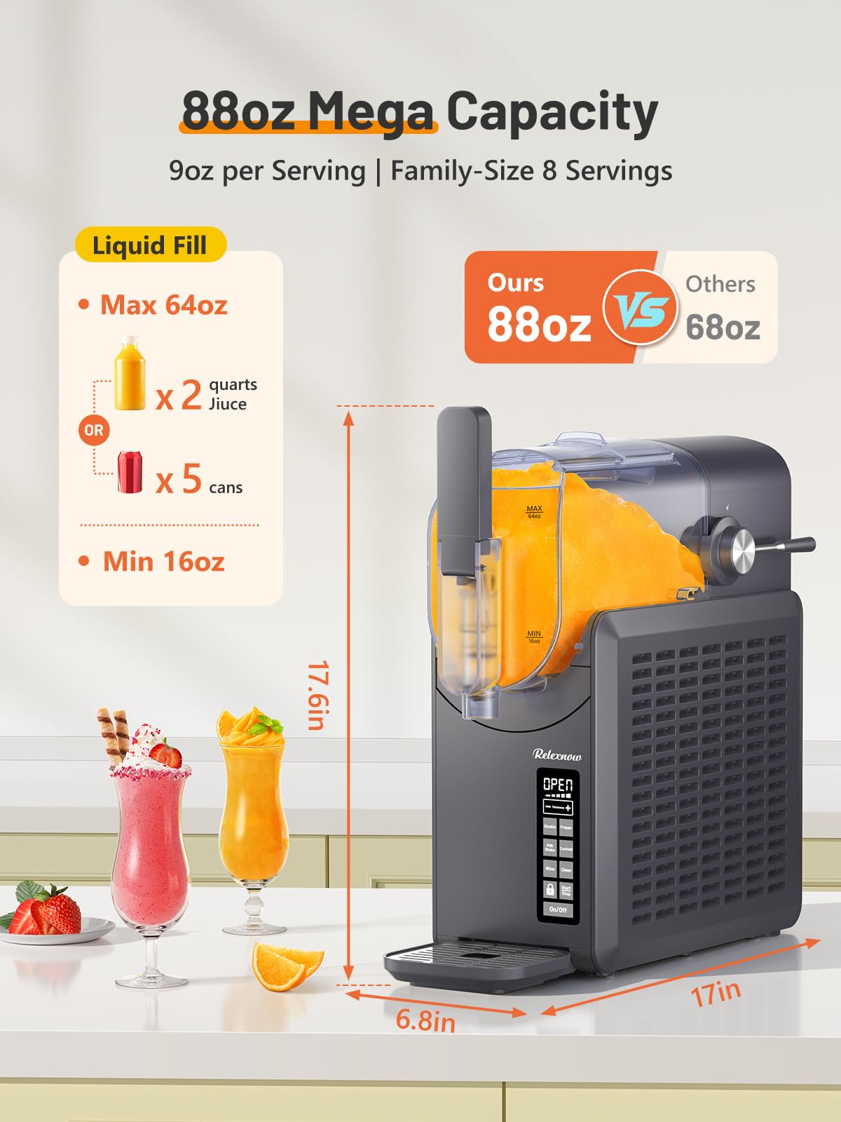 RELEXNOW Slushie Machine No Ice Needed, 88 oz Slushy Machine for Home, Professional 6 in 1 Frozen Drink Maker with Self-Cleaning for Margaritas, Frappés, Milkshake and More