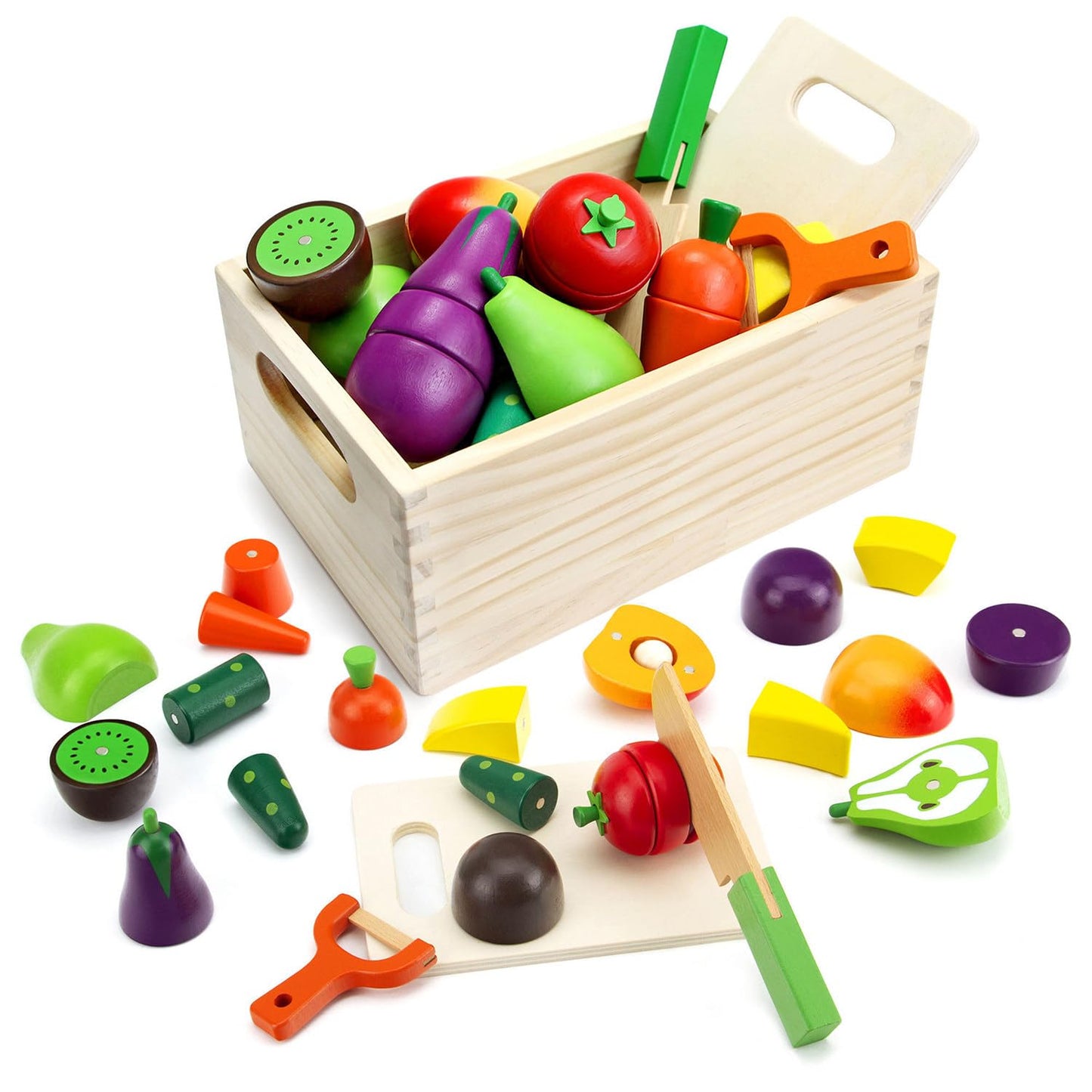GOPLACS Wooden Play Food Sets for Kids Kitchen - Cutting Fruits and Veggies Toddler Toys Pretend Food Play Kitchen Accessories Montessori Educational Toys Gifts for Kids Boys Girls 3+