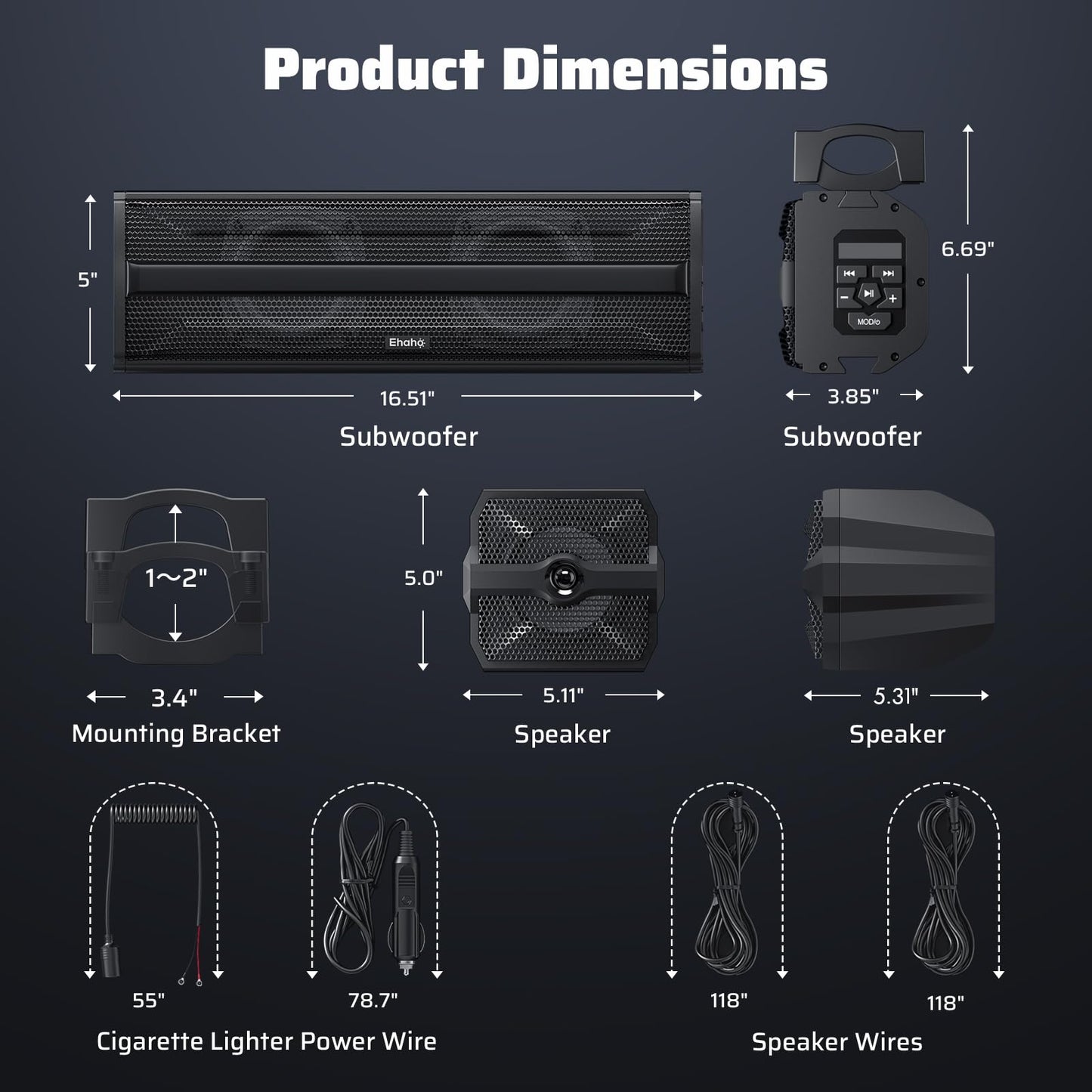 Ehaho 2.1CH Stereo UTV Sound Bar (Subwoofer) and Speakers, 17 Inch Bluetooth ATV Soundbar with RGB Lights, Waterproof Golf Cart Speakers, Marine Sound bar Compatible with SXS Polaris RZR Can-Am