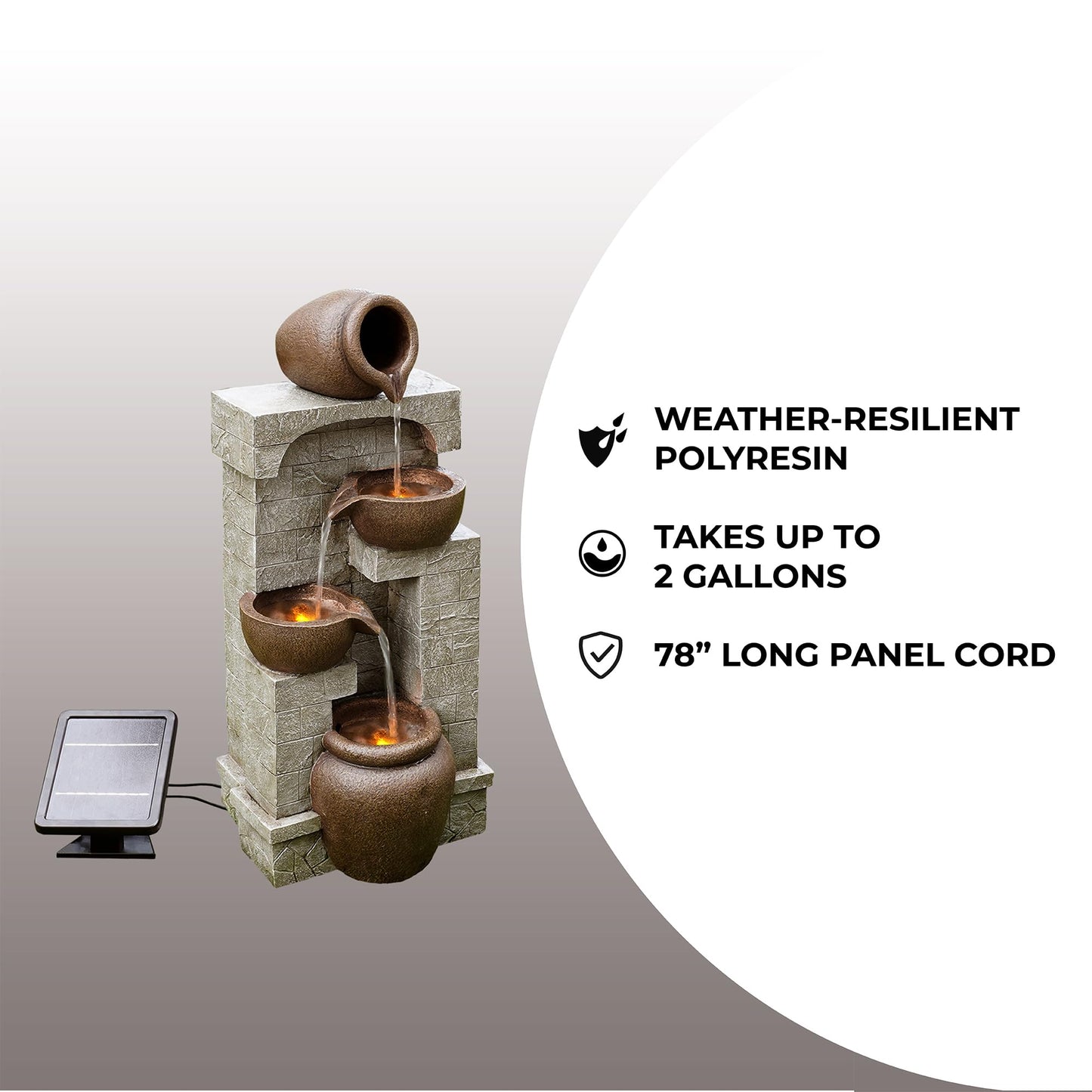 Teamson Home 28 in. Cascading Bowls and Stacked Stones LED Outdoor Water Fountain for Outdoor Living Spaces to Create a Calming Oasis in Gardens and Landscaping, on Patios, Balconies, Lawns, Brown