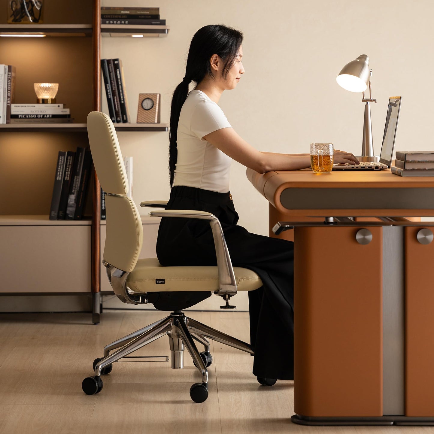 TOMU Genuine Leather Office Desk Chair with Wheels, Ergonomic Leather Executive Chair, Mid Back, Swivel Base with Adjustable Tilt, Modern Style, Luxury Aluminum Frame (Beige)