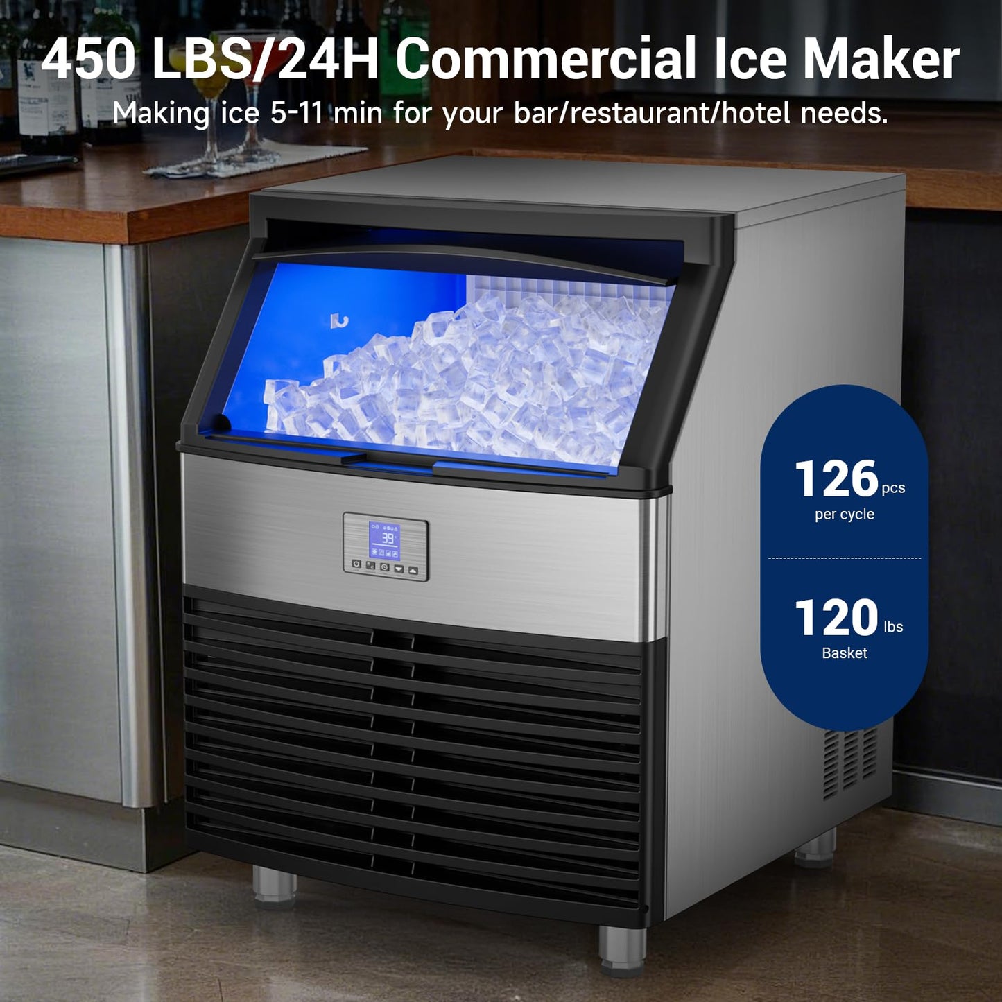 Commercial Ice Maker, 450LBS/24H Ice Machine Commercial with 120 LBS Storage, Ice Ready in 8-15 min, Under Counter Ice Machine, Commercial Ice Machine Maker for Restaurant/Bar/Cafe/Business