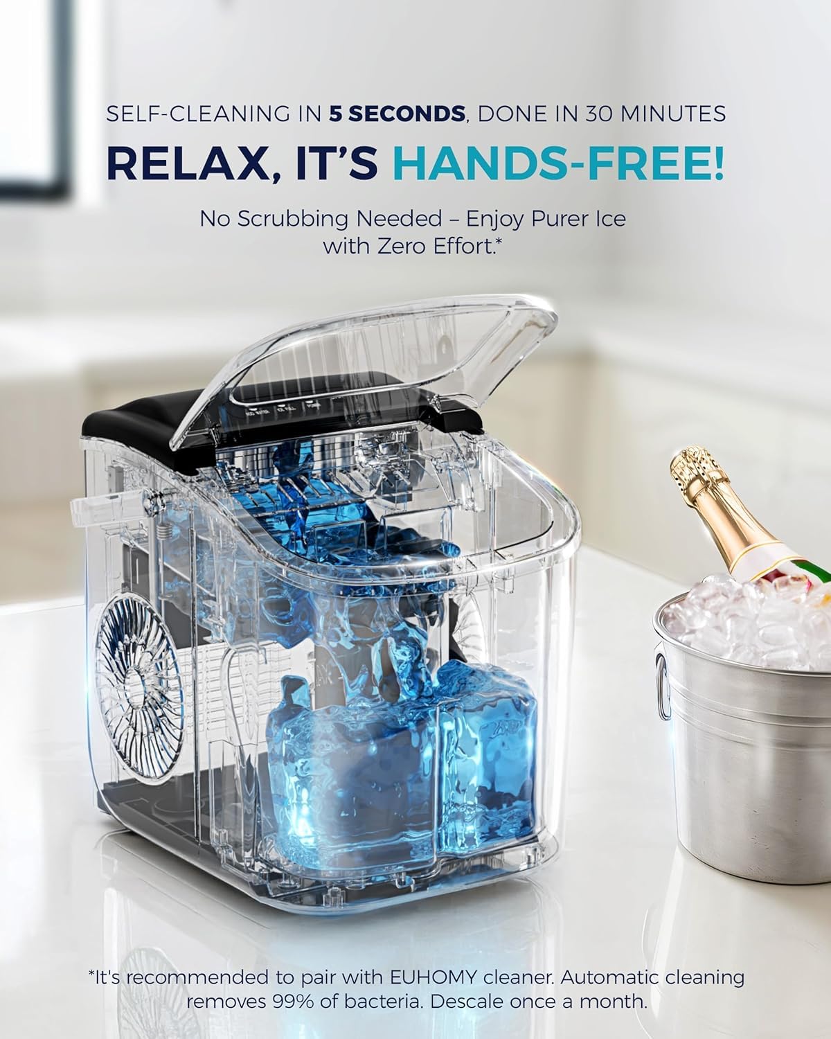 EUHOMY Countertop Ice Maker Machine with Handle, 26lbs Per Day, 9 Bullet Cubes in 6 Mins, Self-Cleaning Portable Ice Maker with Basket and Scoop, for Home/Kitchen/Camping/RV (Black)