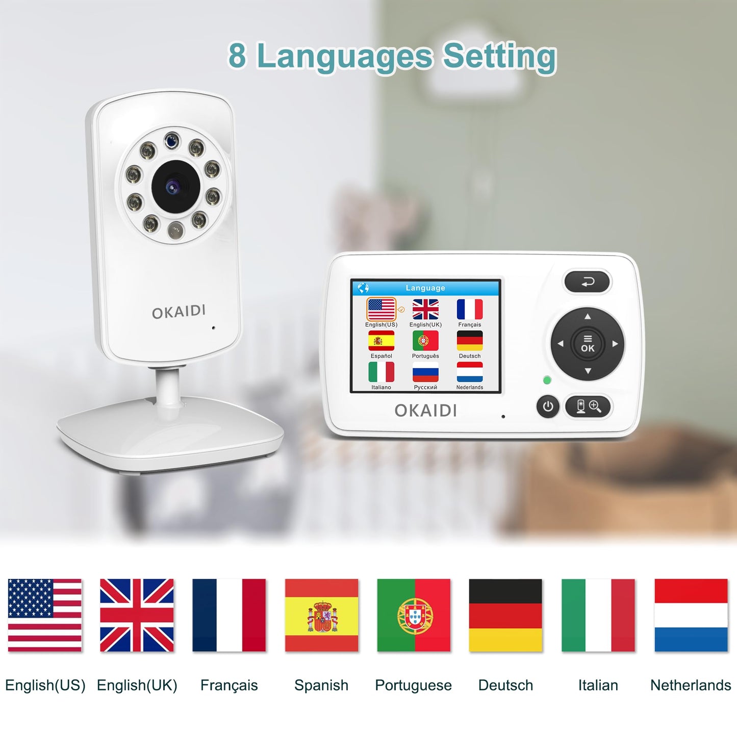 OKAIDI Video Baby Monitor with Camera and Audio, 2.4'' Portable Travel Baby Monitor No WiFi, Infrared Night Vision, VOX Mode, 1000ft Long Range, Ideal for Baby/Pet/Elderly