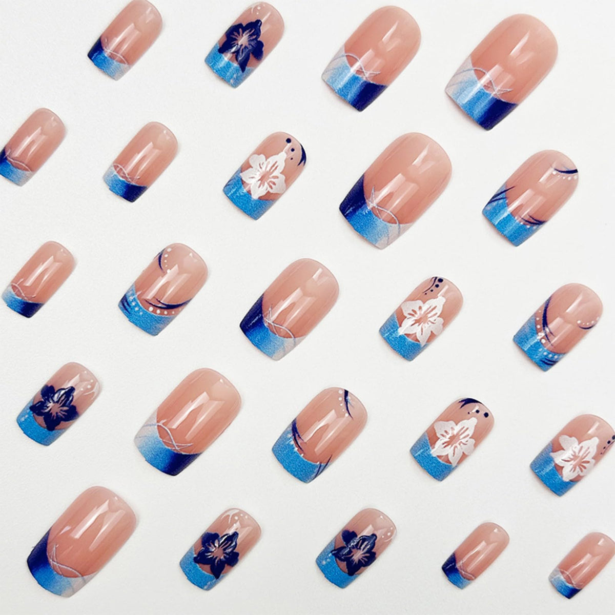 IMRAIN 48Pcs Press on Toe Nails Short Square Fake Toenails Blue French Tips Acrylic False Nails with White Flower Designs Full Cover Glossy Glue on Toe Nails Summer Artificial Nail Supplies