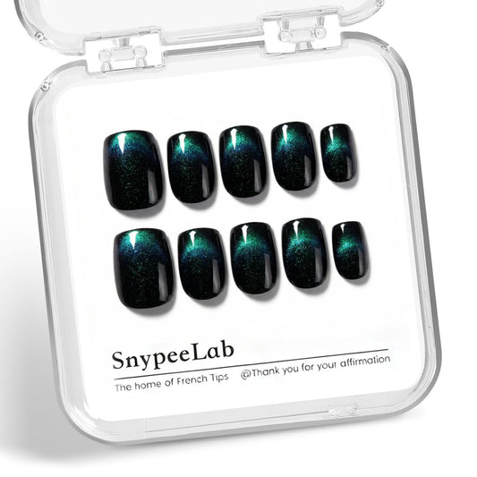 SnypeeLab Green Cat Eye Press on Nails Short Square, French Tip Short Square Glue on Nails for Women Gift, Reusable Soft Press on Acrylic Nail with Designs 30Pcs (Teal Green)