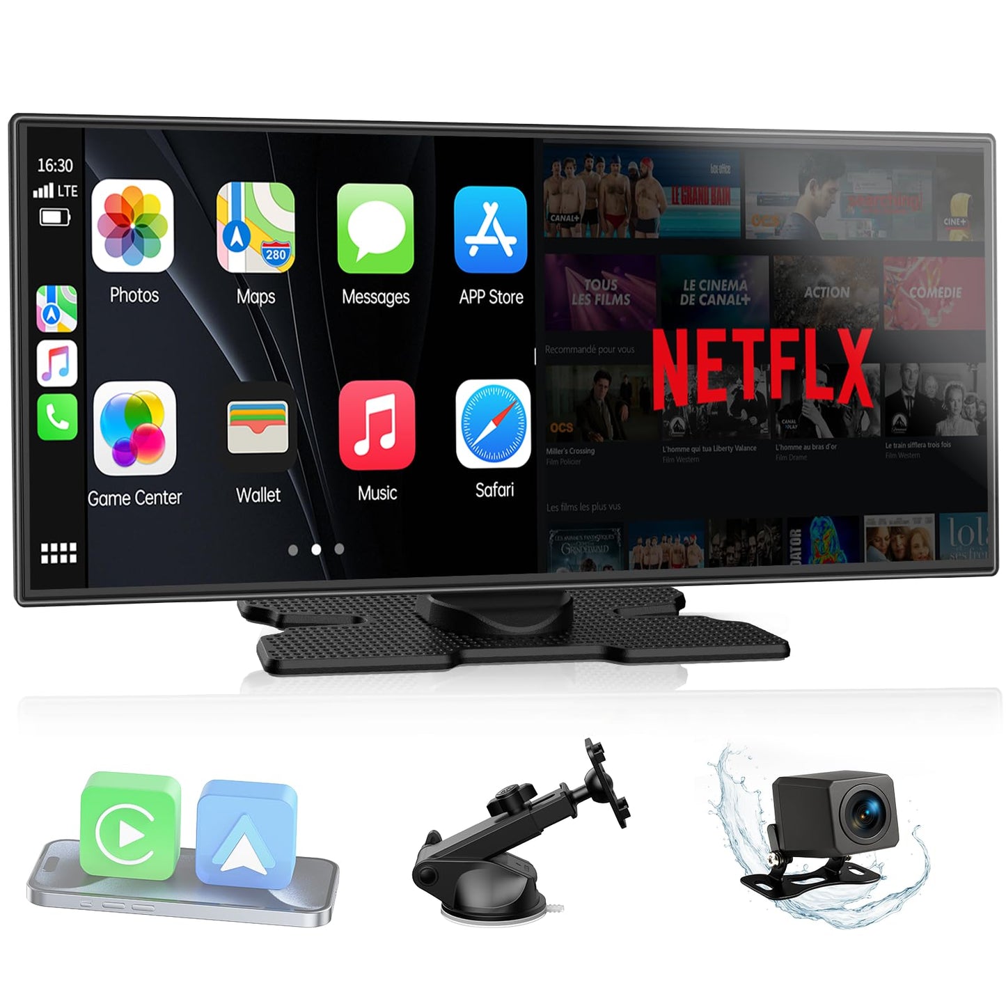 LAMTTO Upgraded 11'' Wireless Carplay Screen with Net-Flix YouTube Apps and Backup Camera Built-in Entertainment Video Box Navigation Voice Assistant for iOS 10+ Android 11+