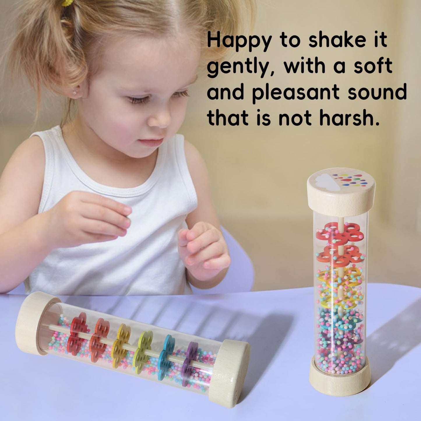 7 Inch Wooden Rain Stick Montessori Toys for Babies 6-12 Months, Baby Sensory Rattle Shaker Developmental Toy, Raindrops Musical Instrument for 0-6 6-18 Month Infants Toddlers