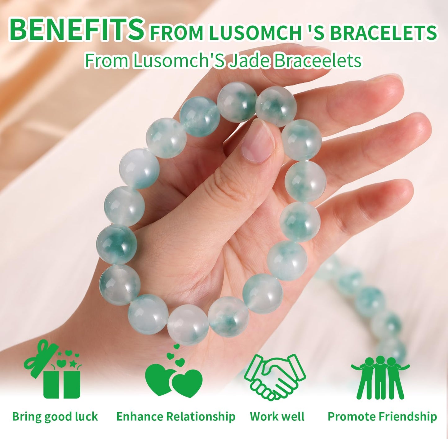 Handmade Natural Jade Beaded Bracelet for Women & Men – Genuine Green/White Jade Gemstone Stretch Bracelet – Lucky Energy Healing Jewelry Gift for Peace, Prosperity & Protection GW