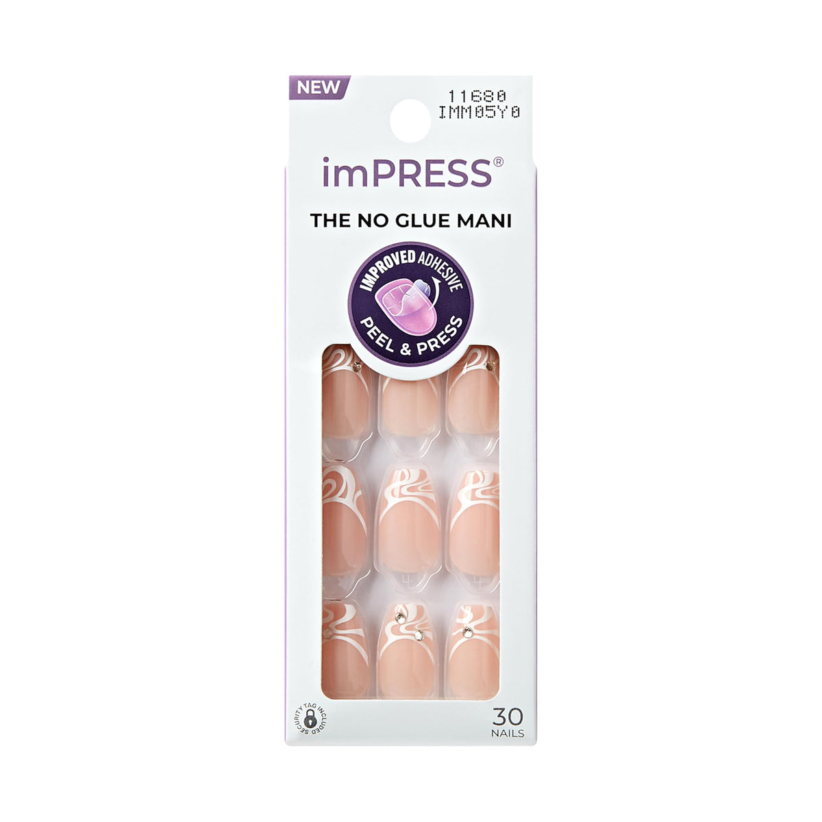 KISS Impress No Glue Mani 30 Pcs Press on Nails, Easy Apply, Hassle-Free Removal, Simple Peel & Press, Essential Tools Included, Prep Pad, Instructions Sheet, 1 Manicure Stick, 1 Mini File (Coy)
