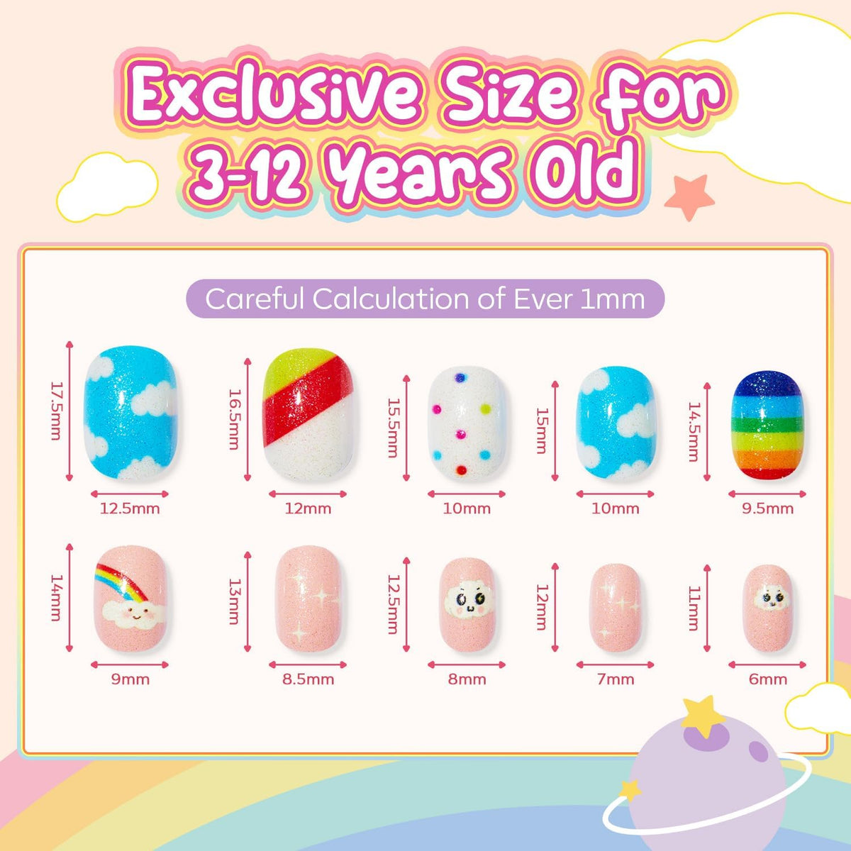 Modelones Press on Nails for Kids 144Pcs 6 Pack Children Acrylic Fake Nails Pre-glue Full Cover Glitter Gradient Color Cloud Heart Short False Nail Art Kits Sets Christmas Gifts for Kids Girls