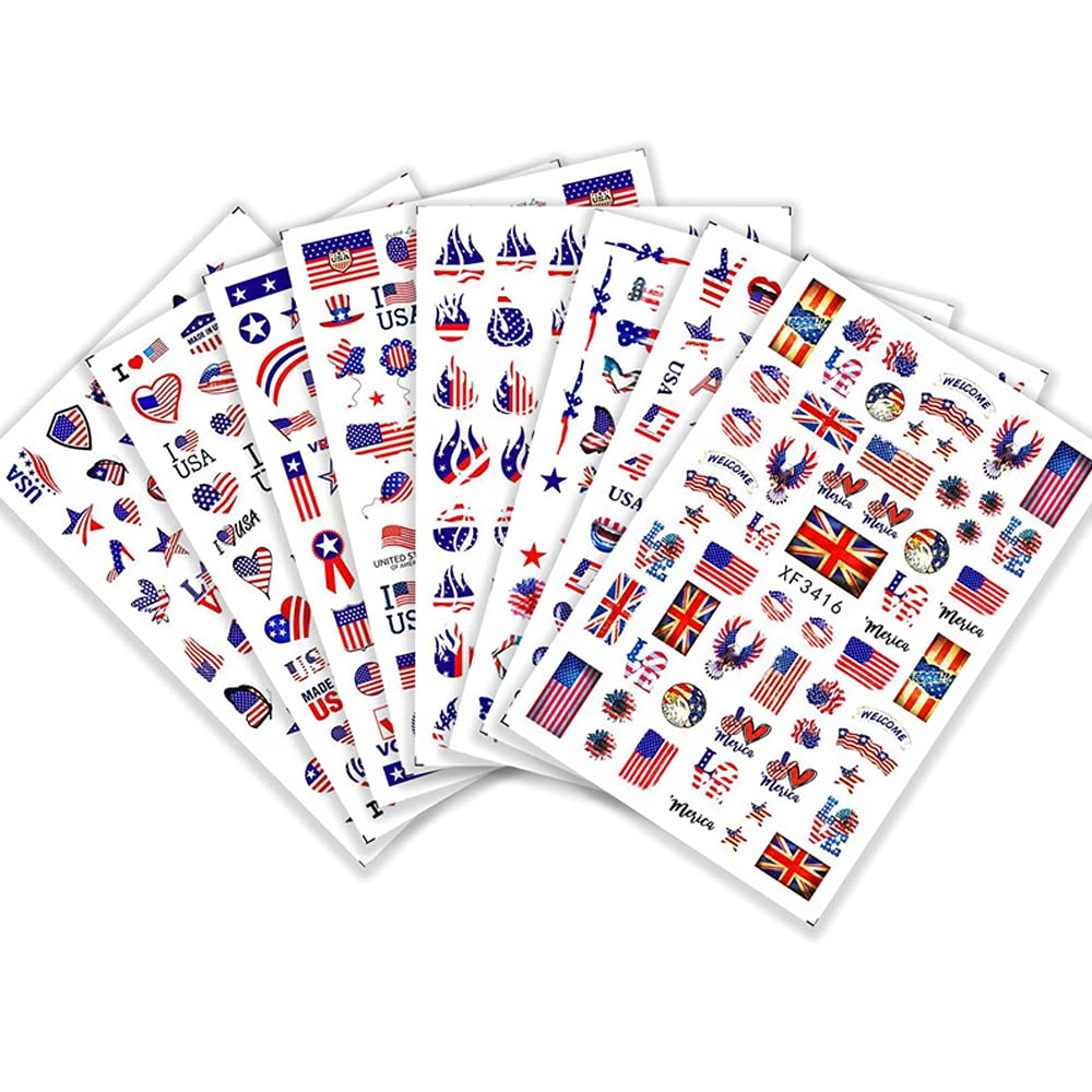Flag Nail Stickers Independence Day Nail Sticker July 4, August 7 Patriotic Designer Nail Art Decals 3D Self-Adhesive American Flag Stickers for Women Girls Manicure 400+ Patterns