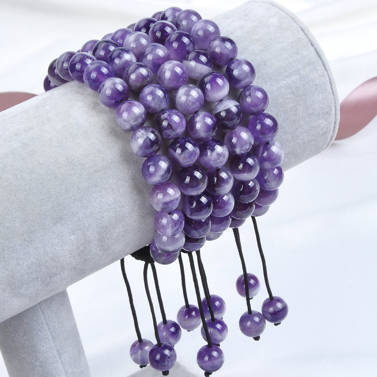 MASSIVE BEADS Natural Healing Power Gemstone Crystal Beads Unisex Adjustable Macrame Bracelets (Dream Amethyst, 8mm)
