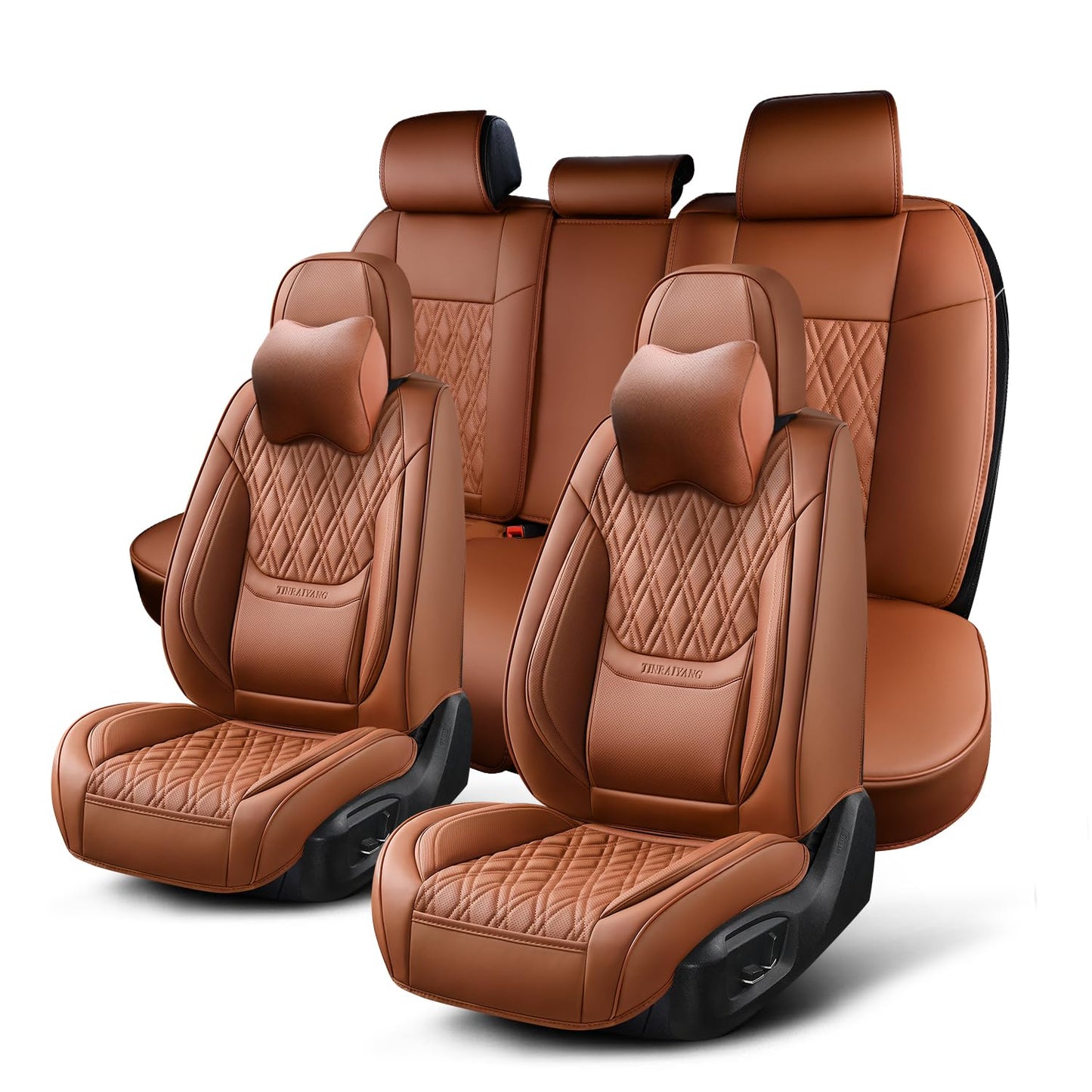 TINRAIYANG Car Seat Covers Full Set, Breathable Leather Automotive Front and Rear Seat Covers & Headrest, Universal Automotive Vehicle Seat Cover for Most Sedan SUV Pick-up Trucks, Brown