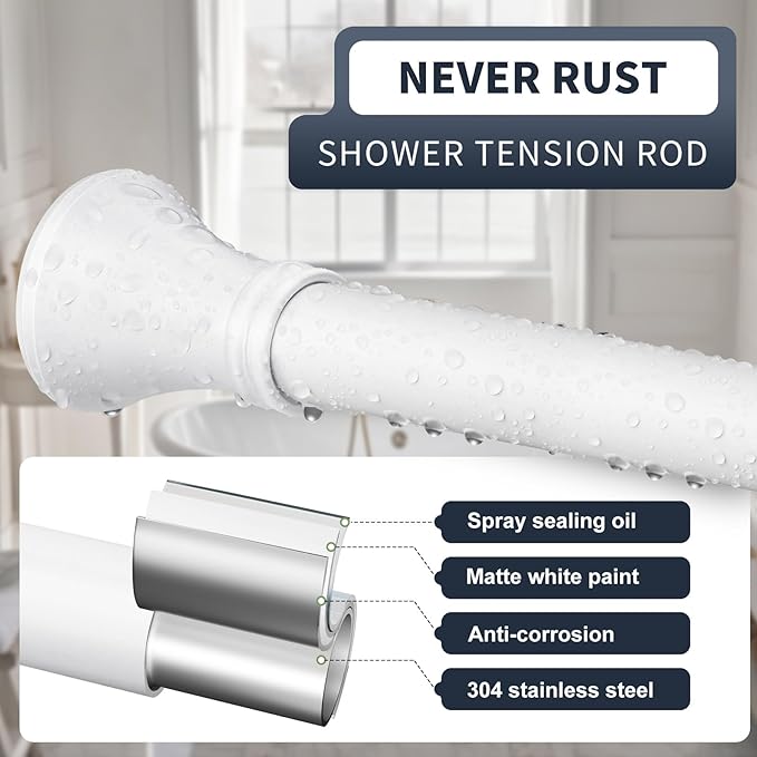 YNL White Shower Curtain Rod 36-84 Inch(3-7ft), No Slip No Drill Stainless Steel Spring Tension Curtain Rod, No Rust Shower Rod Adjustable For Bathroom Window Bedroom