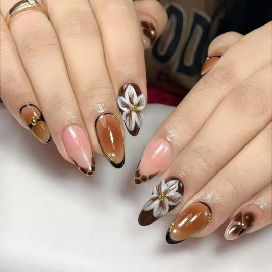 MISUD Press on Nails - Medium Almond Fake Nails with Fall Brown, Acrylic Autumn Flower Design 24 pcs