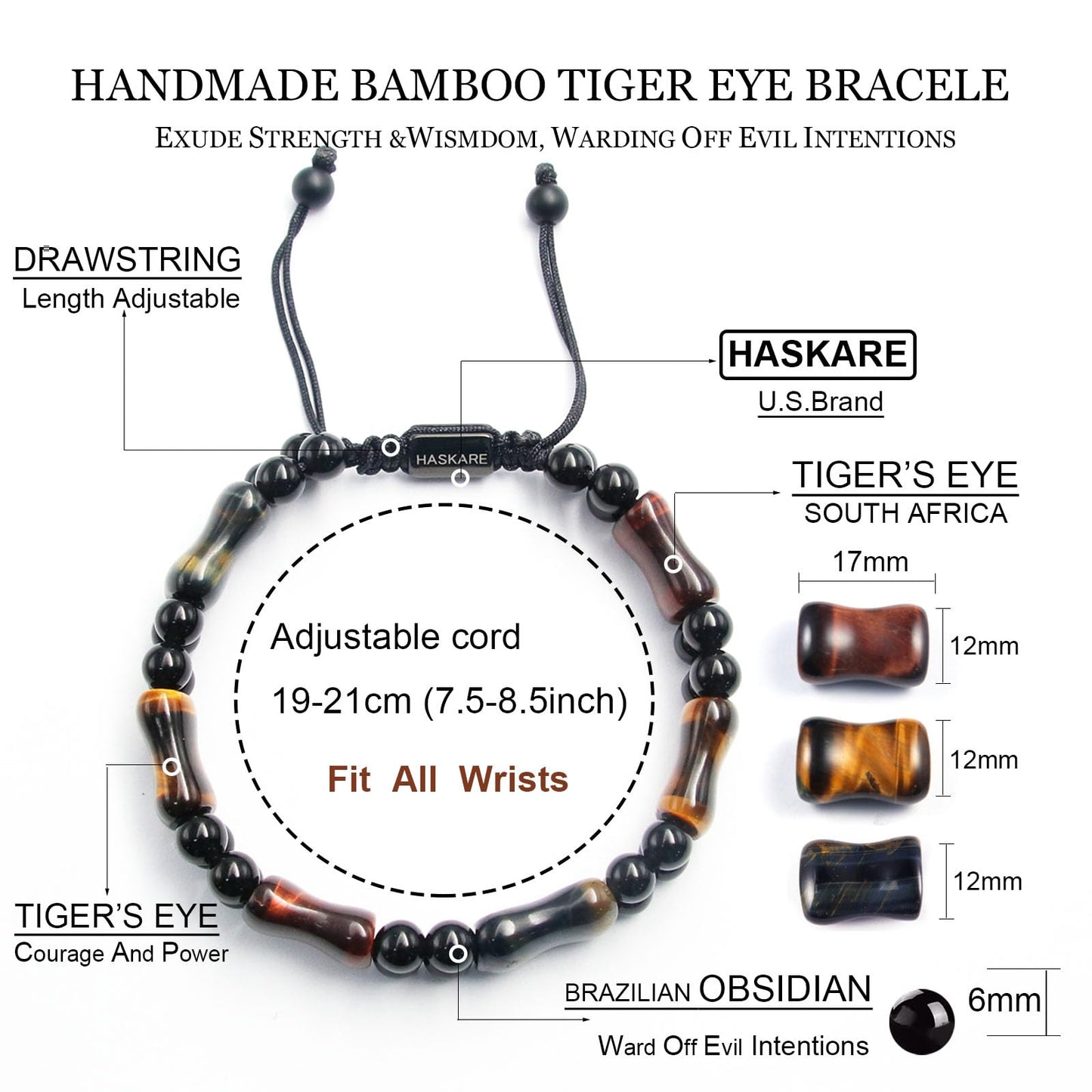 HASKARE Healing Crystals Tiger Eye Bracelets for Men, Mens Jewelry Beads Protection Crystal Tigers Eye Bracelet, Genuine Stone Bead Bracelet Anxiety Relief Drawstring Flatbead Bracelets Gift for Him