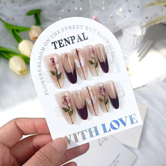 TENPAL French Tip Press on Nails Almond Black Nails Press ons Long Almond Fake Nails With Hand Painted Rose Butterfly Designs 10pcs/Box Sweet Cool Y2k Sexy French Handmade Nail Tips For Women Girls(S)