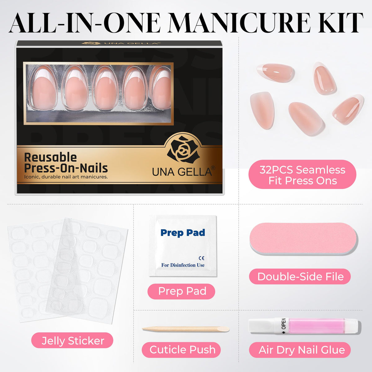 UNA GELLA Short Square Press on Nails - 32 Pcs in 16 Sizes Soft Gel Fake Nails for Perfect Fit, Light Pink Velvet Cat Eye Glue on Nails, Reusable Press ons for Women DIY Manicure