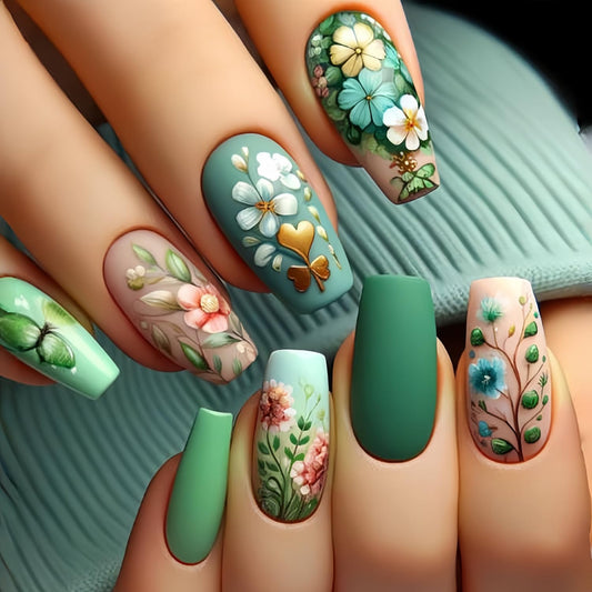Green Press on Nails Medium Flower False Nails Ballet Shaped Acrylic Nails Colorful Floral Design Full Cover Stick on Nails Glossy Coffin Nails Reusable Glue on Nails Artificial Nails for Women 24Pcs