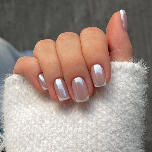 24Pcs Chrome Press on Nails Short Square Fake Nails with French Tip Full Cover Glossy Designs Nails Press ons Pink False Nails Simple Stick on Nails for Women