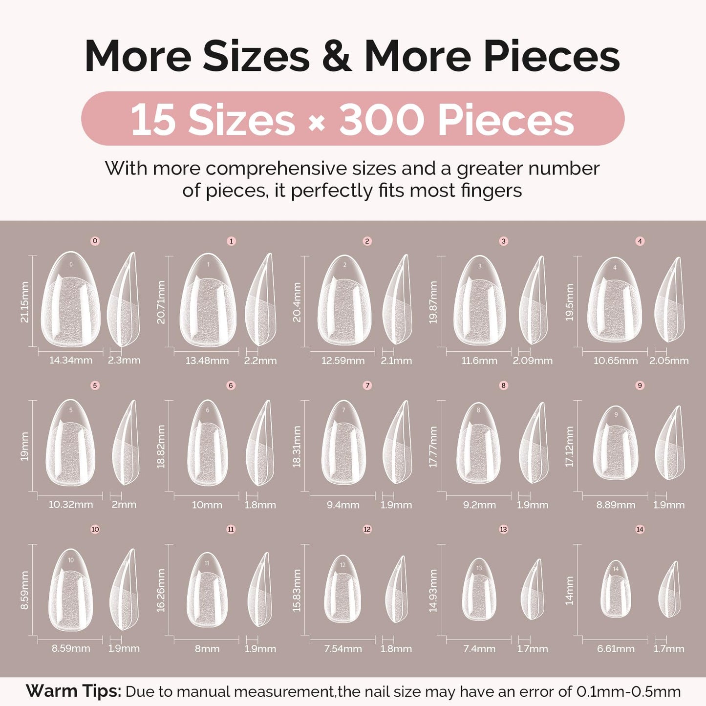 MelodySusie Short Almond Gel Nail Tips Kit-300Pcs 15Sizes Pre-Building Apex Fake Nail Tips 20gSolid Nail Glue Gel,Half Matte Full Cover Clear Acrylic Nail,Thick Strong Long Lasting for Home DIY&Salon