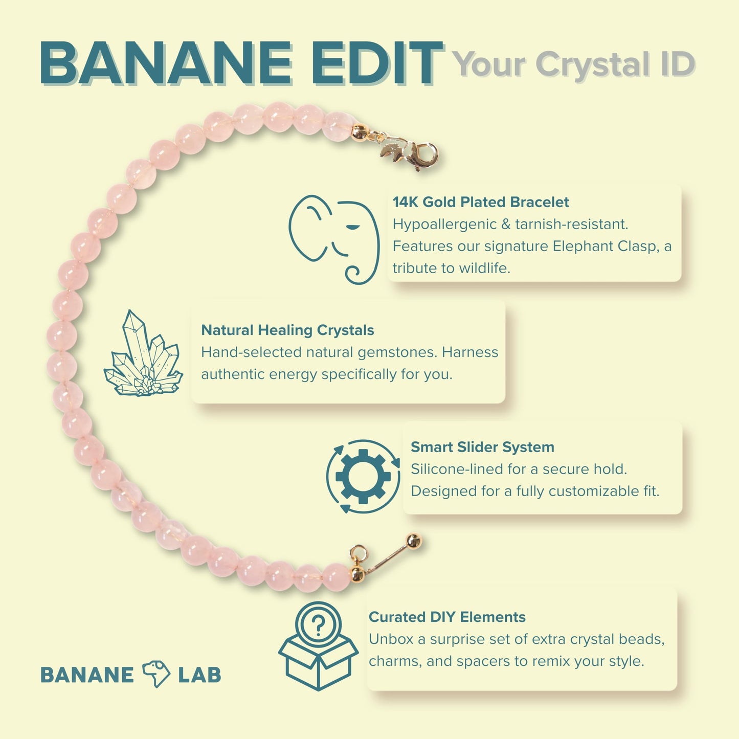 BANANE LAB Rose Quartz Bracelet | DIY Customizable Design | Natural Madagascar 6mm Pink Crystal Beads on 14k Gold Plated Chain | Adjustable Gemstone Heart Chakra Love & Healing Jewelry Gift for Women