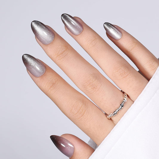 Black Cat Eye Press On Nails Almond - Ombre Black Short Almond Fake Nails, White Cateye Press On Nails Reusable Stick On Nails in 16 Sizes, 32pcs False Nail Kit for Women & Girls (Still Light)