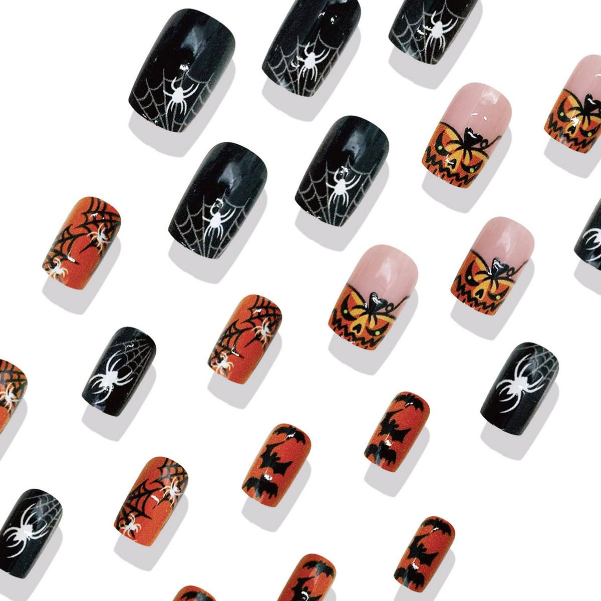Halloween Press on Nail Medium Length Square Fake Nails Orange Black with Pumpkin Spider Web Bat designs Halloween False Nails Full Cover Glossy Reusable Acrylic Press ones for Women Party Manicure