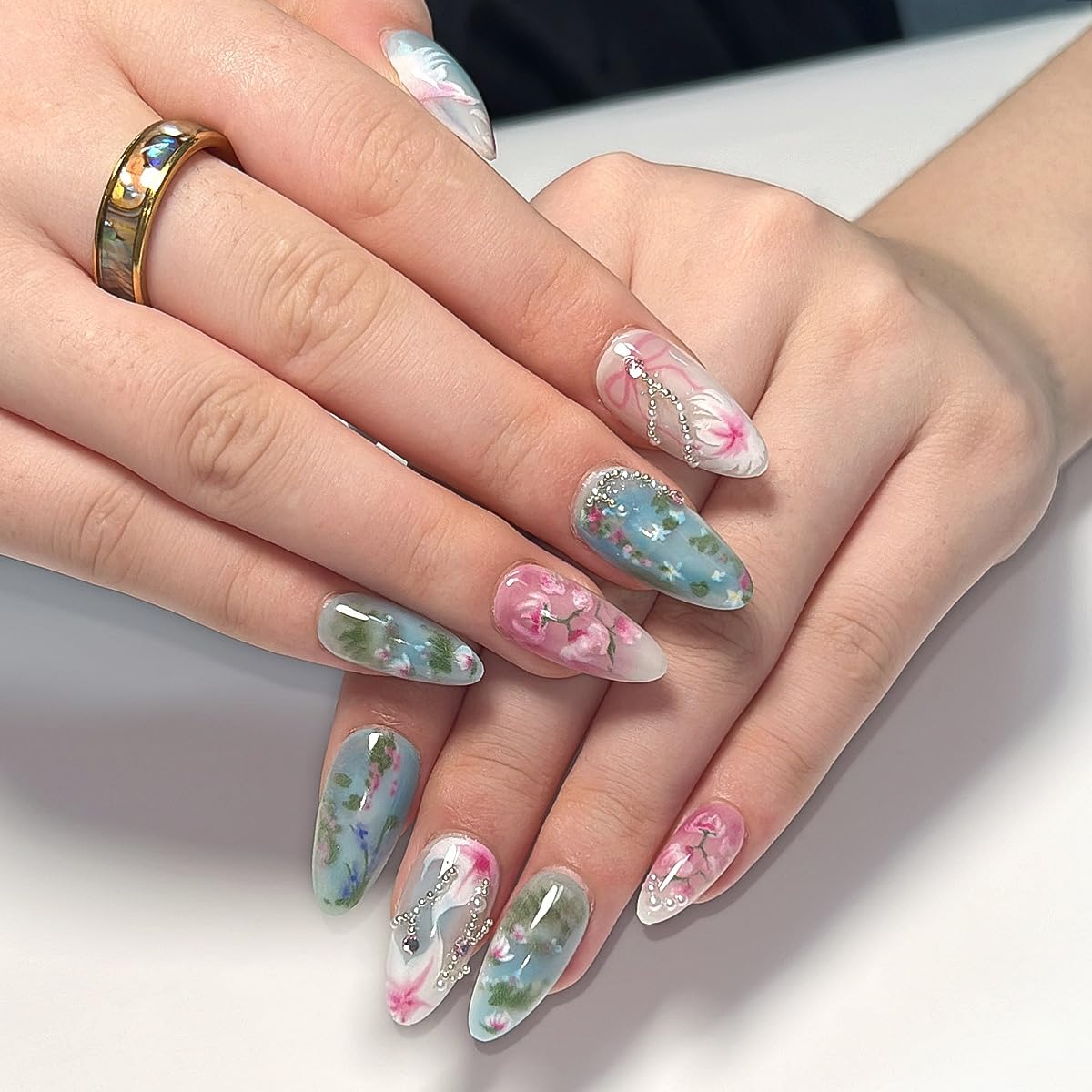 24Pcs Handmade Press on Nails Medium Almond Fake Nails Green Pink Flower Cute Cat Full Cover Glue on Nails Rhinestones Charms Glitter Designs Spring Summer False Nails for Women Girls Acrylic Nails