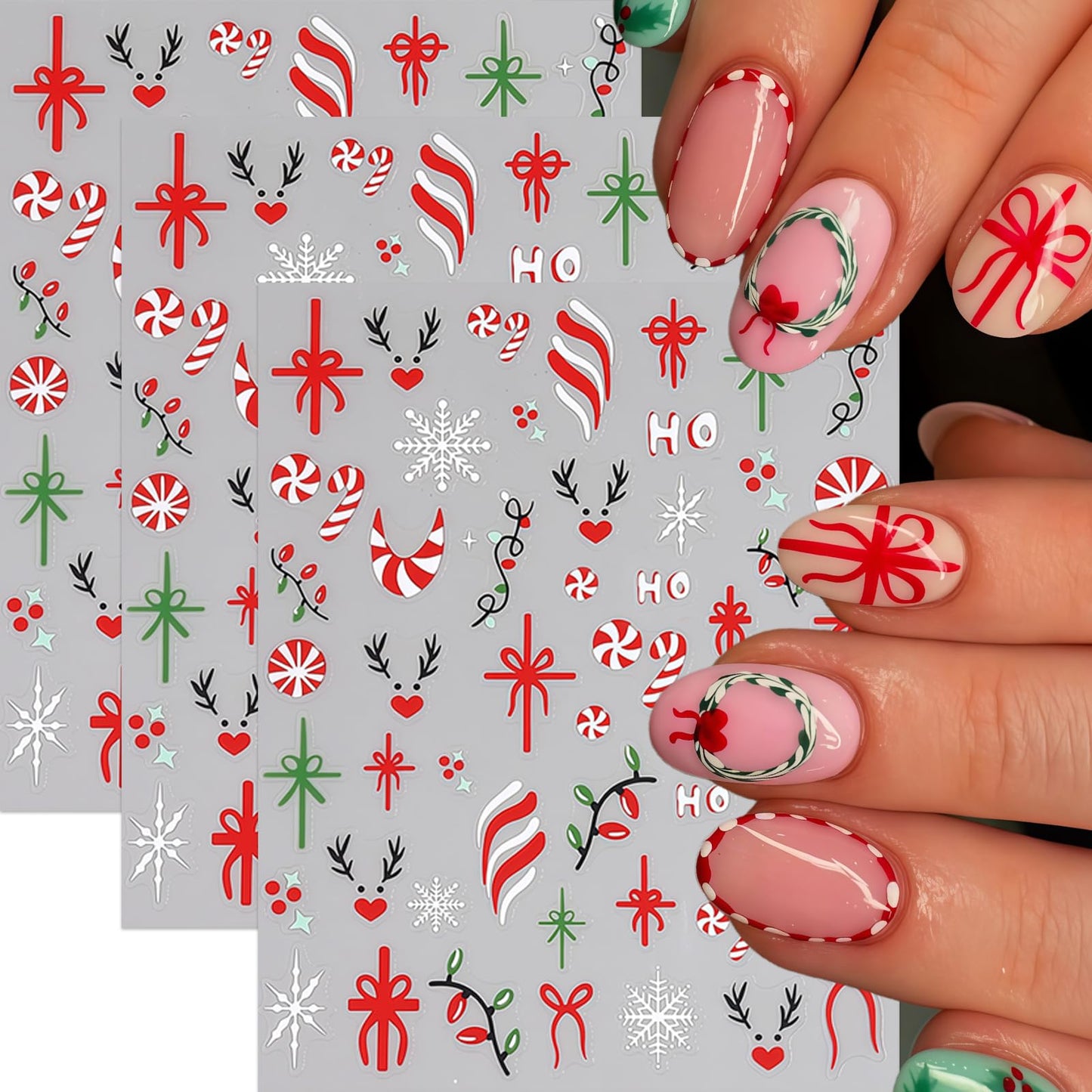 Christmas Gift Bow Nail Art Stickers 3D Self-Adhesive Christmas Candy Nail Art Stickers Christmas Elk Light Nail Decals Snowflake Bow HO Letter Nail Design Nail Supplies for Women DIY Nail Decorations