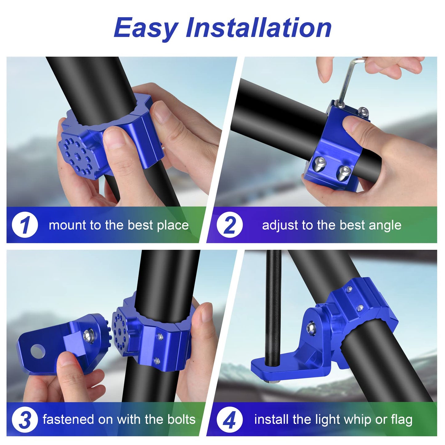 ZIDIYORUO UTV Whip and Spot Light Mount, 360 Rotating Flag Hole, Aluminium Alloy, 1.75" to 2" Roll Cage (2 PCS Blue)