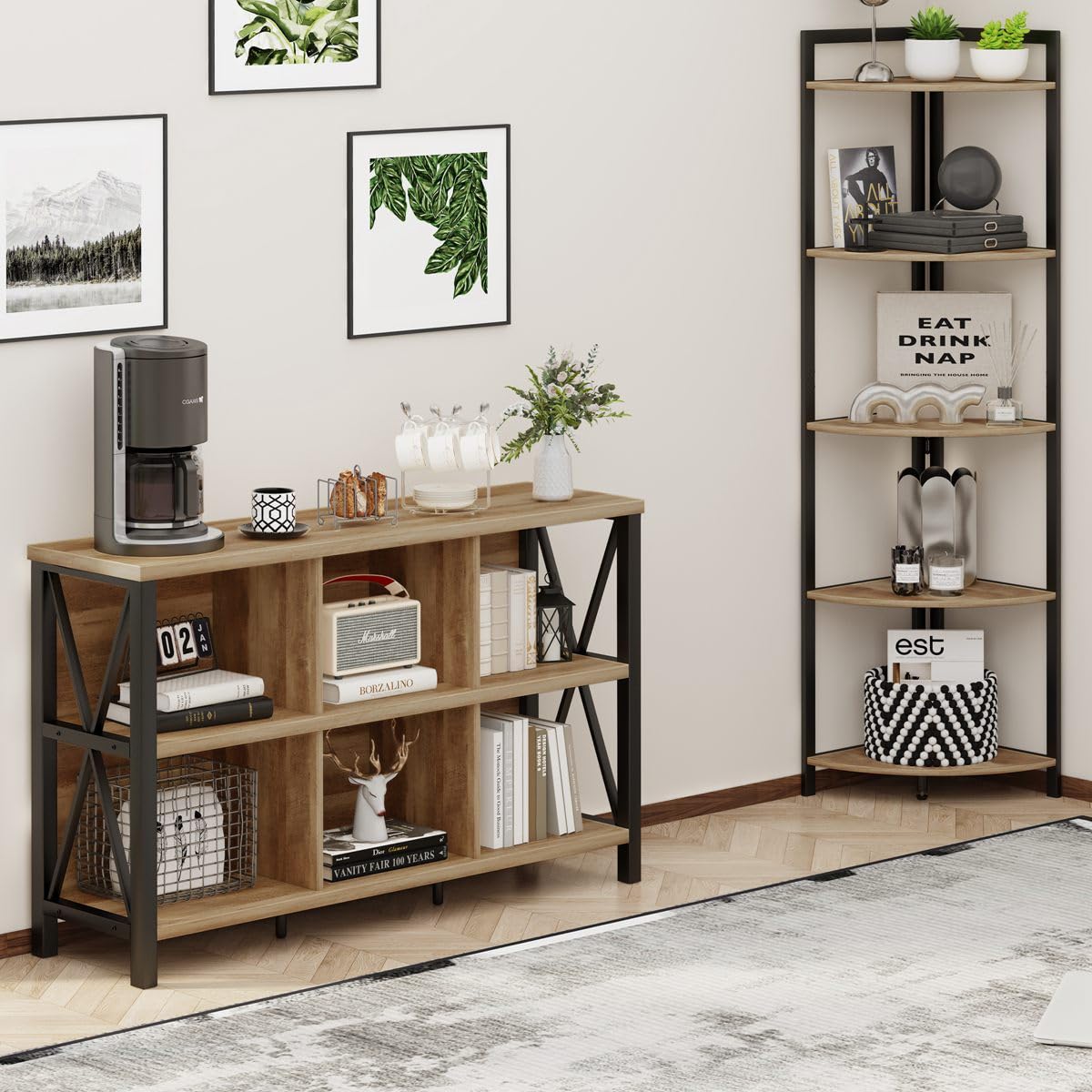FATORRI 6 Cube Storage Organizer with Shelf, Long Wood and Metal Cubby Bookcase, Industrial Horizontal Bookshelf (Rustic Oak, 47 Inch)