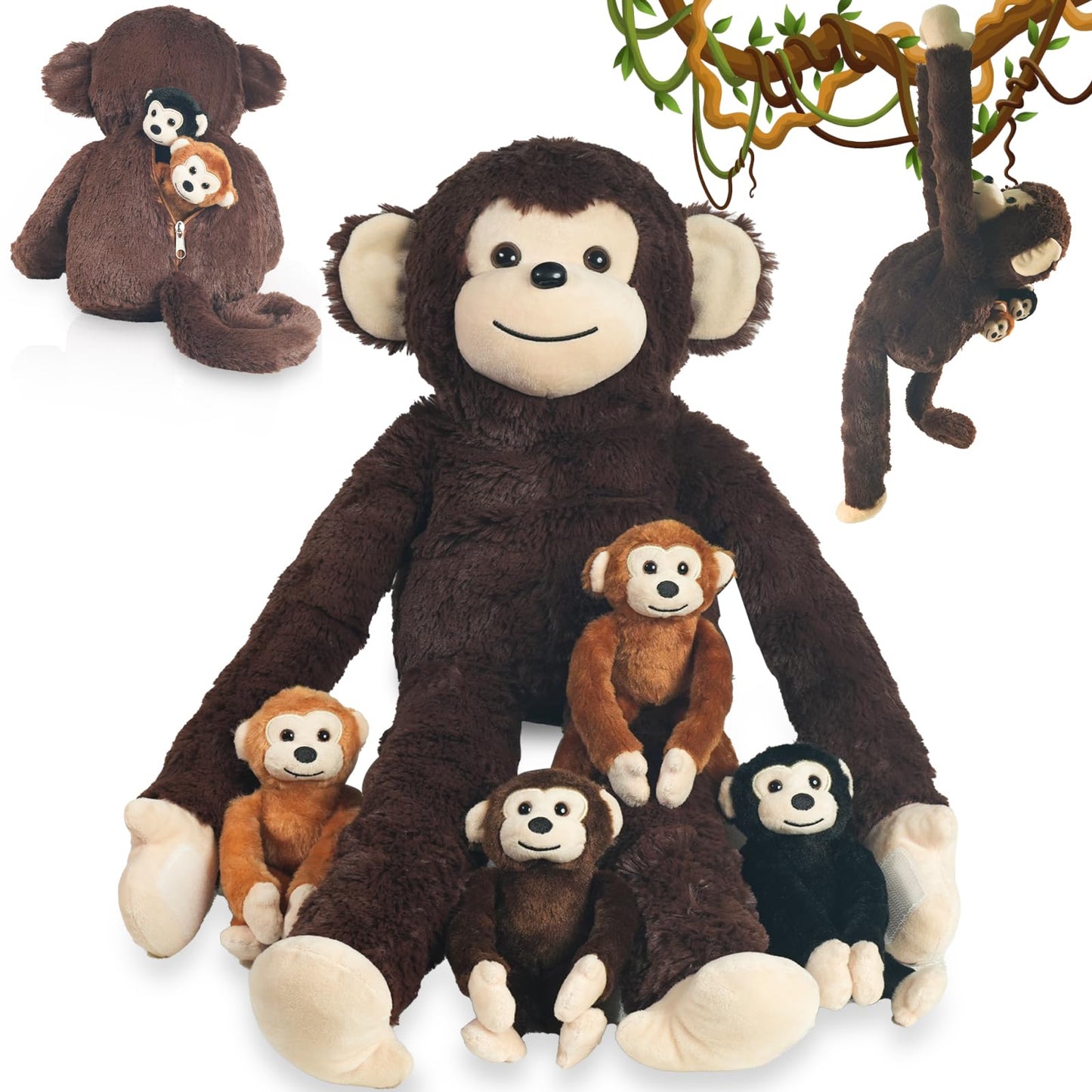 5 PCS Monkey Stuffed Animal, Large Huggable Stuffed Monkey Plush Toys with 4 Baby Monkeys for Kids, Hanging Monkeys Plushies Gifts for Boys Girls Easter Christmas Birthday Jungle Forest Party Decor