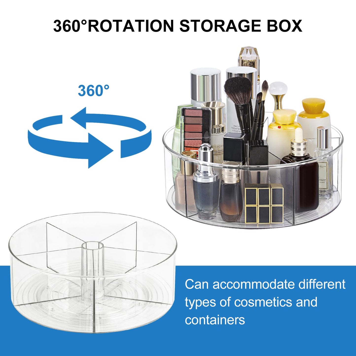 360° Rotating Makeup Organizer 11.5" Clear Turntable Lazy Susan Organizer for Vanity, Bathroom Counter, Pantry, Cabinet, Spinning Cosmetic Storage Holder with 5 Dividers for Skincare, Makeup Brushes