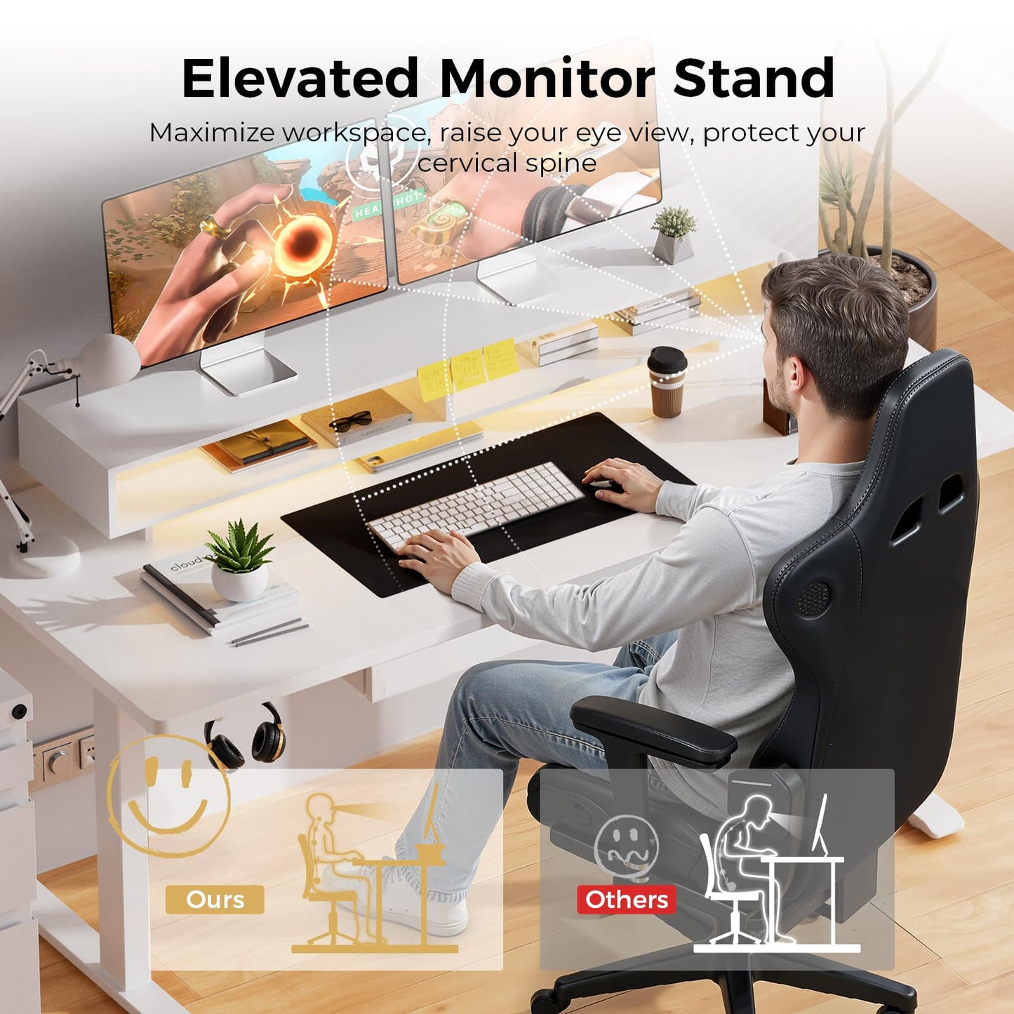 GTPLAYER Electric Standing Desk with Drawers, 55 x 24 Inch Height Adjustable Gaming Desk with Monitor Stand, Power Outlets & LED Lights, Home Office Sit Stand Up Desk with Memory Preset (White)