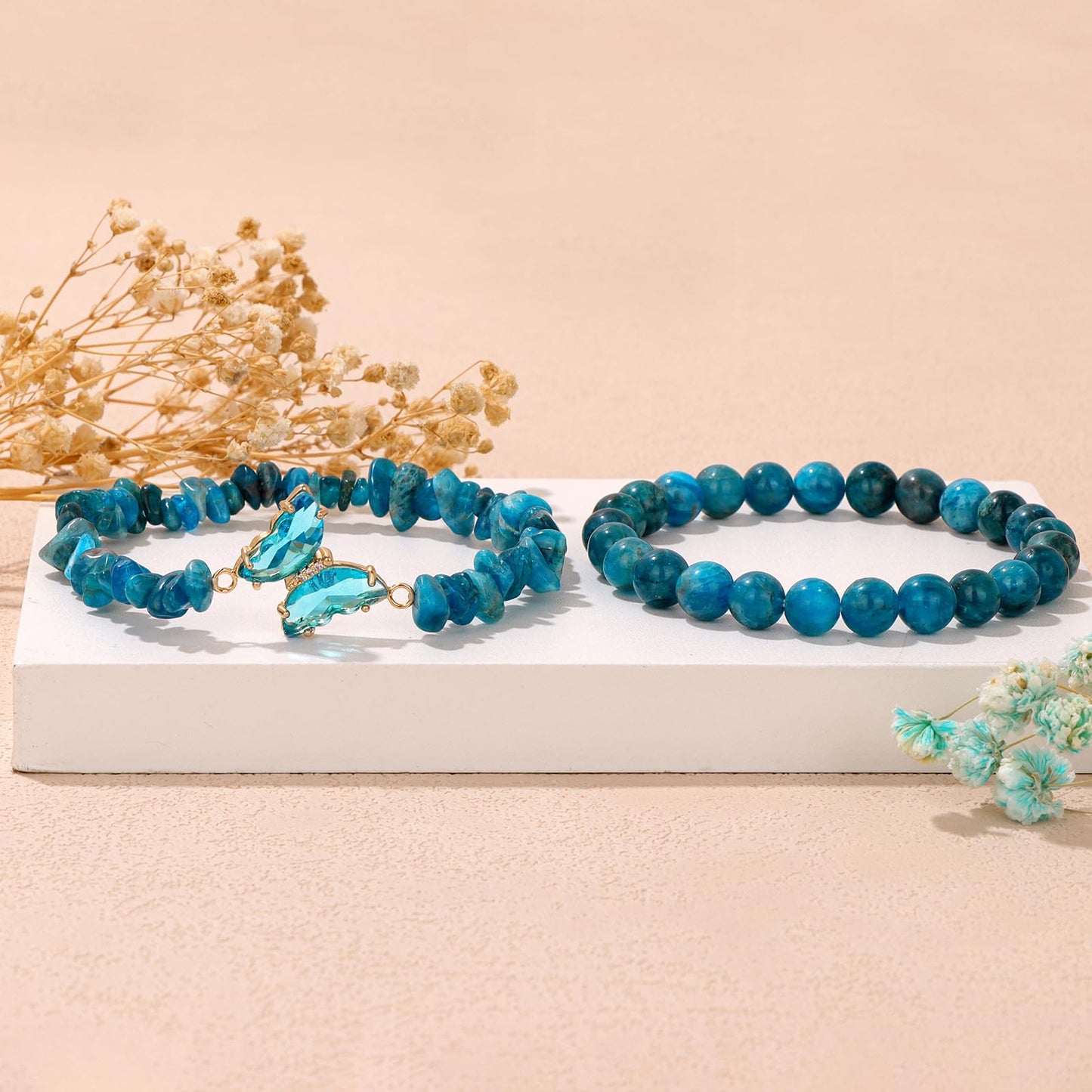 GolbalJew Apatite Stone Bracelet for Women Healing Crystal Stones Bracelets Blue Gemstone Beads Stretch Bracelet Butterfly Charms Jewelry Women Gift