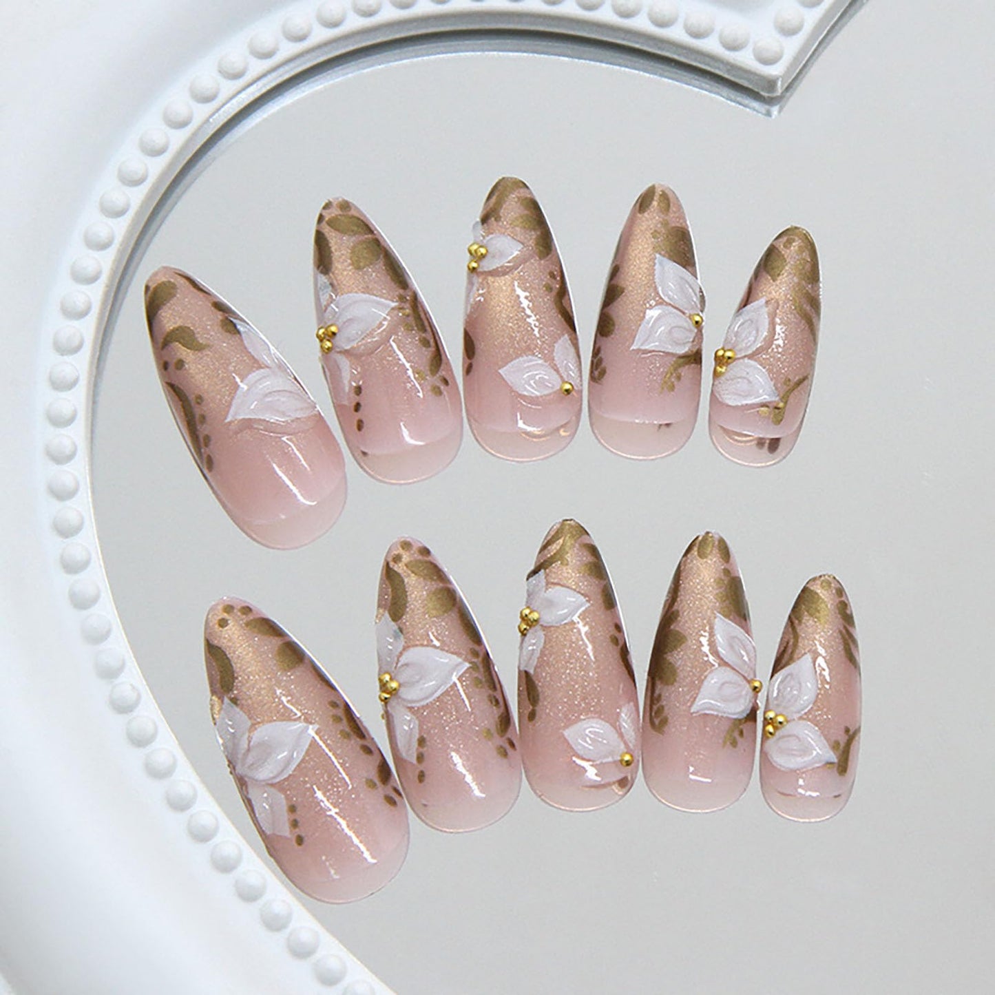 RUOKEXIN Long Almond Press on Nails Gold Cat Eye Fake Nails Ombre False Nails with Flower Designs Stiletto Nail Press ons Sparkly Artificial Nails for Women 24Pcs