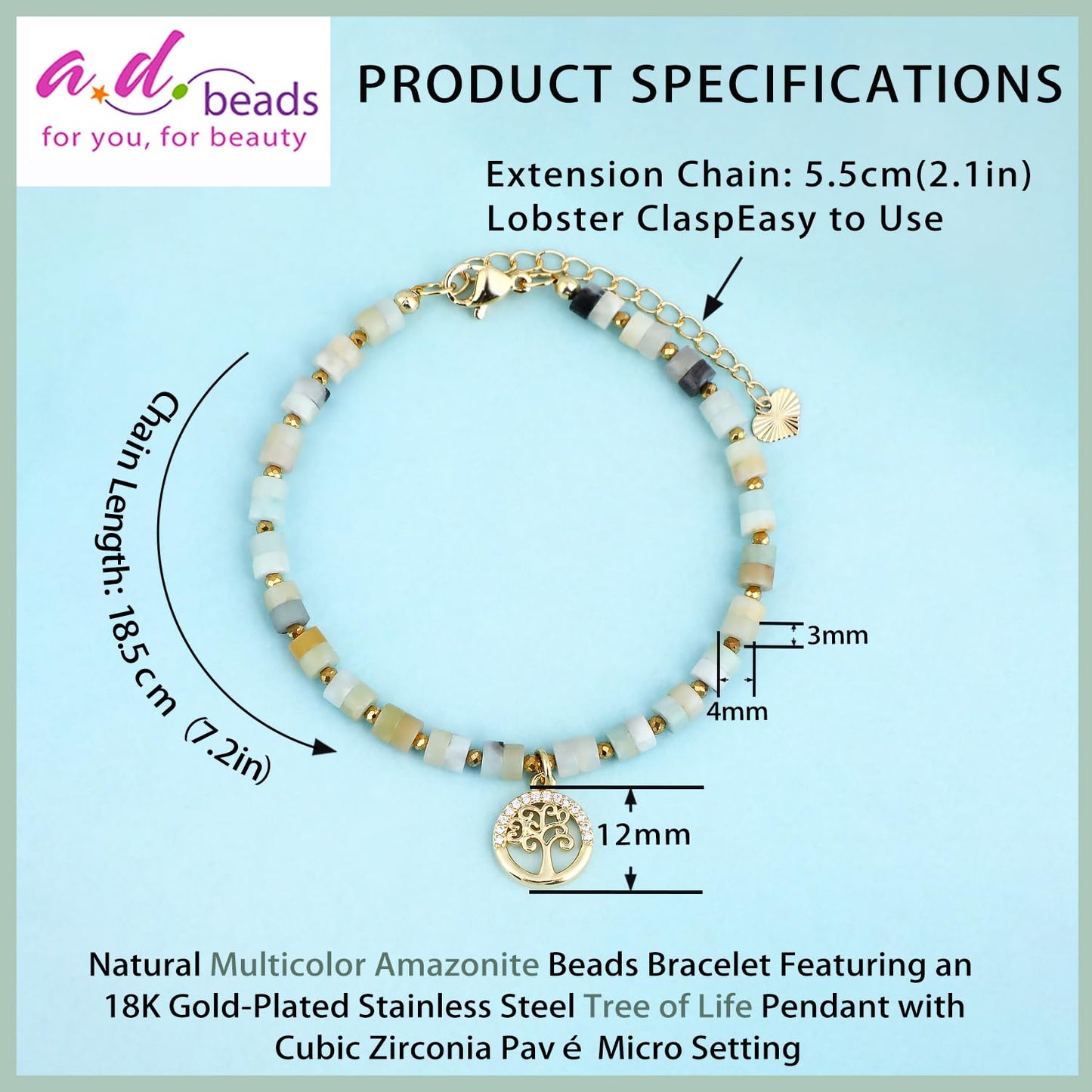 Natural Gemstone Healing Crystal Multicolor Amazonite Dainty Charms Tree of Life Bracelet Adjustable Chain Extender Minimalist Jewelry