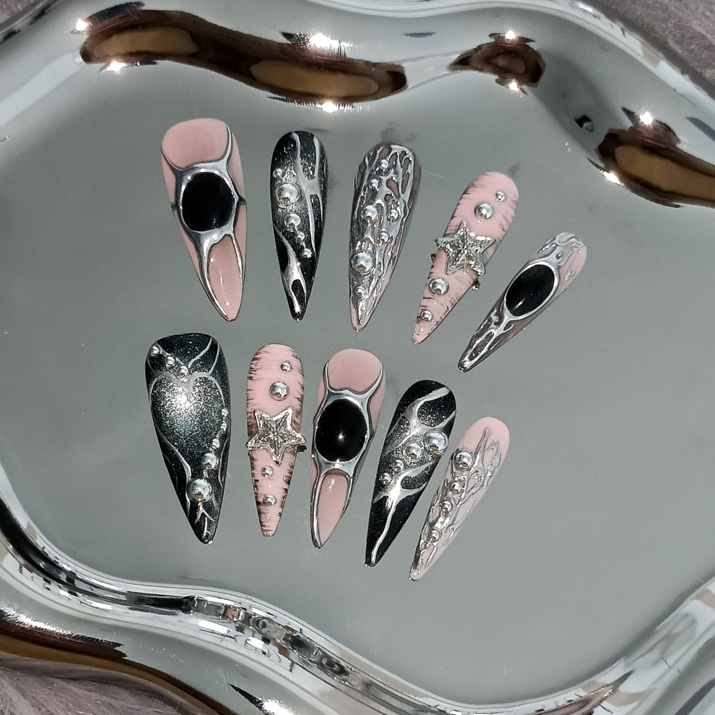 TENPAL Pink Black Press on Nails Long Stiletto,Metal Gothic Fake Nails with Punk Stars Beads,Cat Eye Glitter Edgy Y2K Ins False Nails with Tools,Sweet Grunge Irregular 3D Handmade Nails 10pcs(XS)